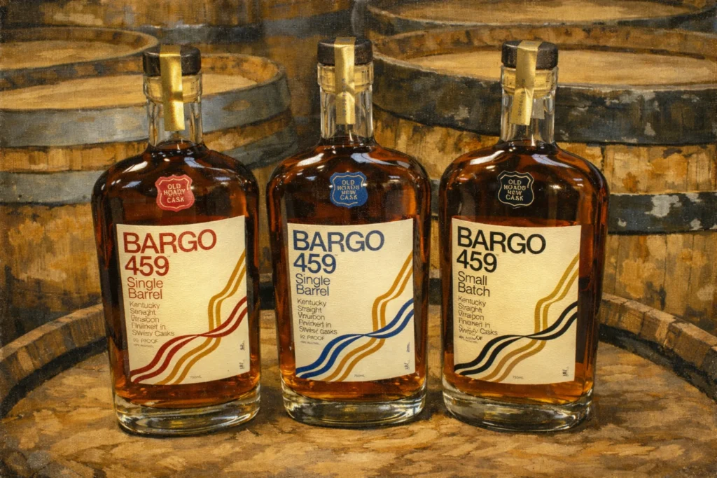 Three Bargo 459 bourbon bottles displayed in front of stacked wooden barrels.