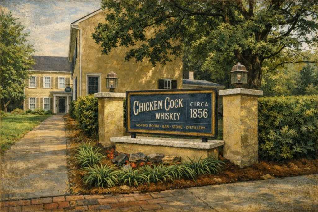Chicken Cock Whiskey entrance sign reading “Circa 1856” outside historic yellow building.