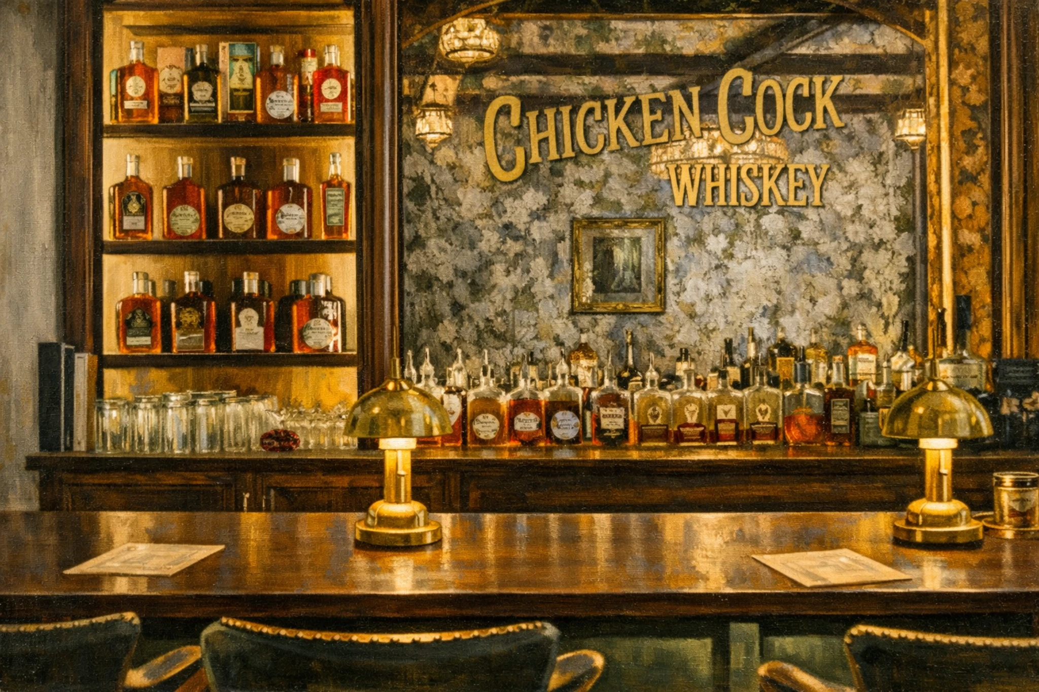 Interior speakeasy bar at Chicken Cock Whiskey featuring bottle displays, brass lamps, and branded signage.