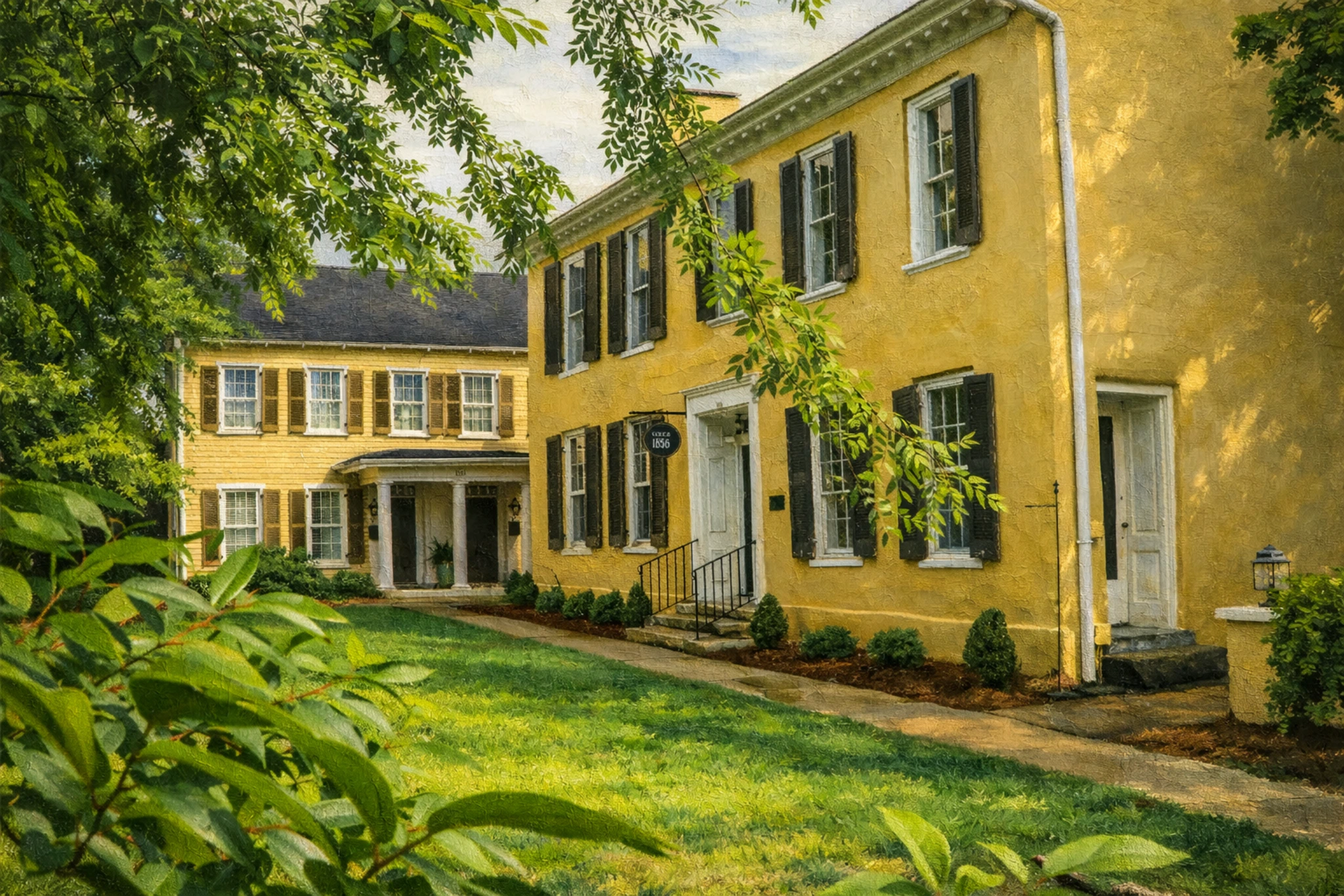 Historic yellow house at Chicken Cock Whiskey distillery surrounded by trees and landscaped grounds in historic downtown Bardstown.