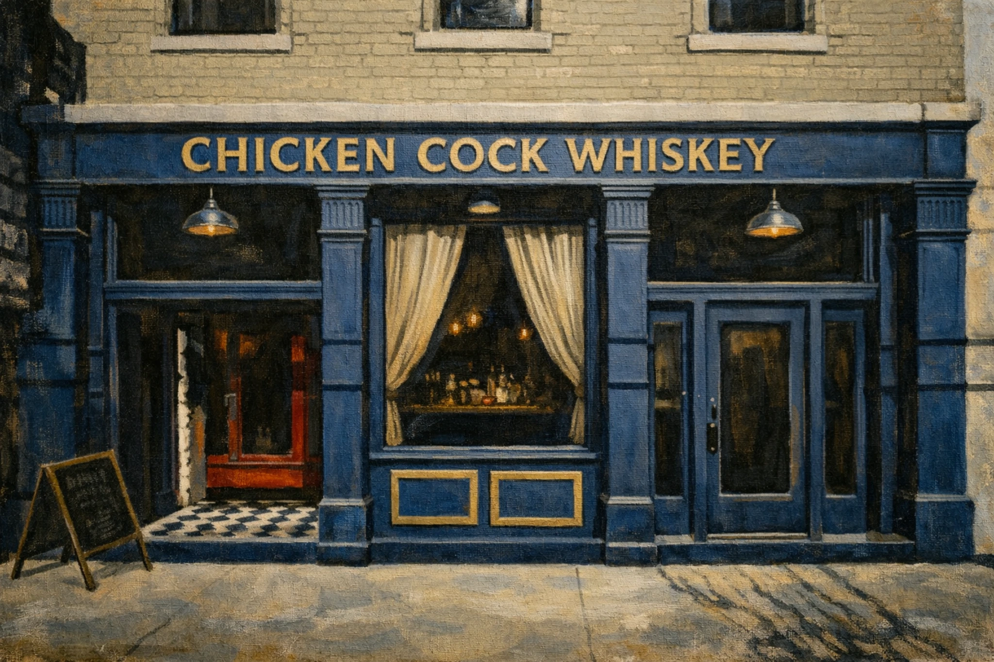 Chicken Cock Whiskey tasting room in the Nulu region of Louisville with blue facade, gold lettering, and curtained display window.