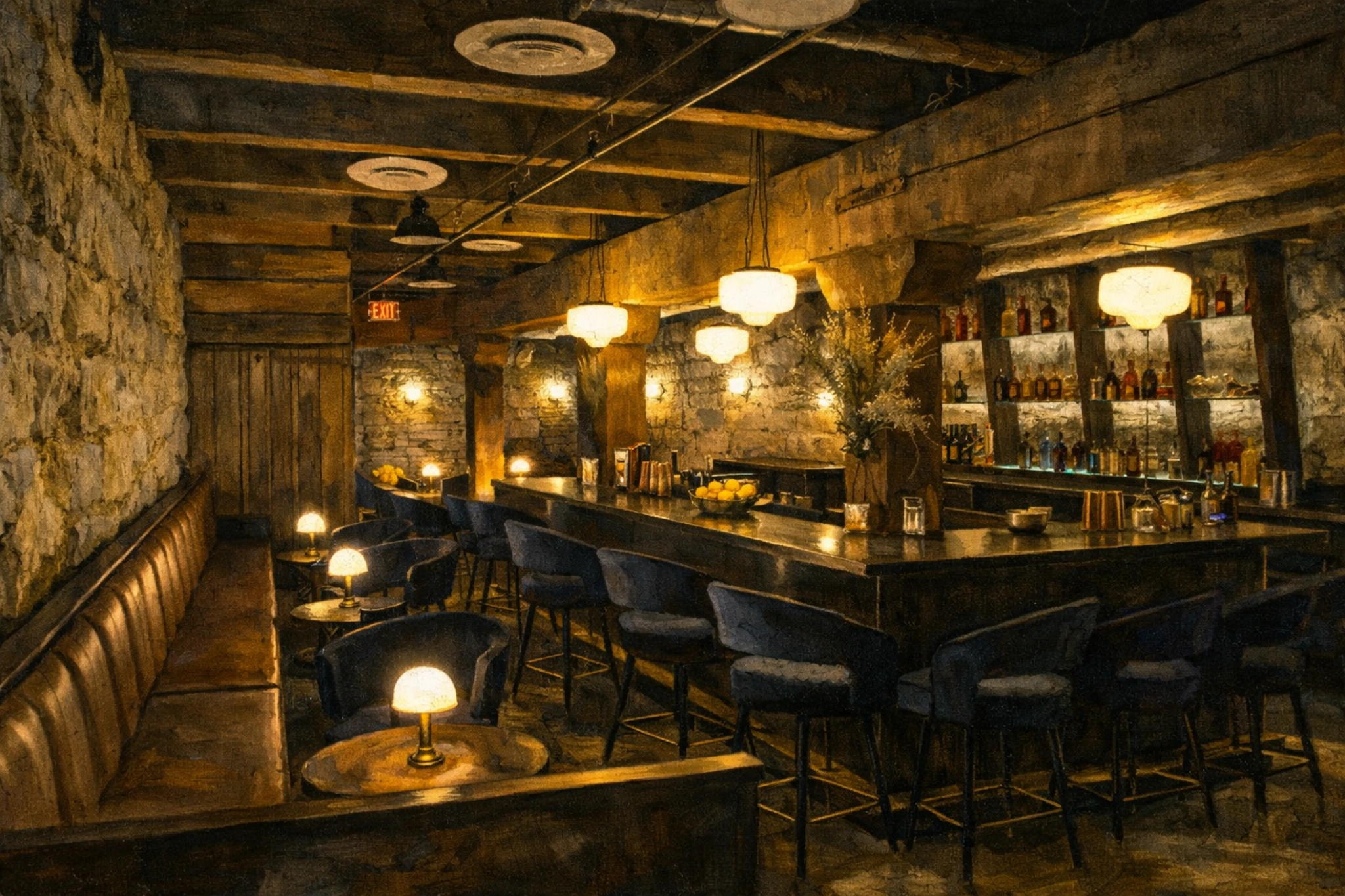 Dimly lit stone cellar speakeasy at Chicken Cock Whiskey with seating, pendant lights, and back bar shelving.