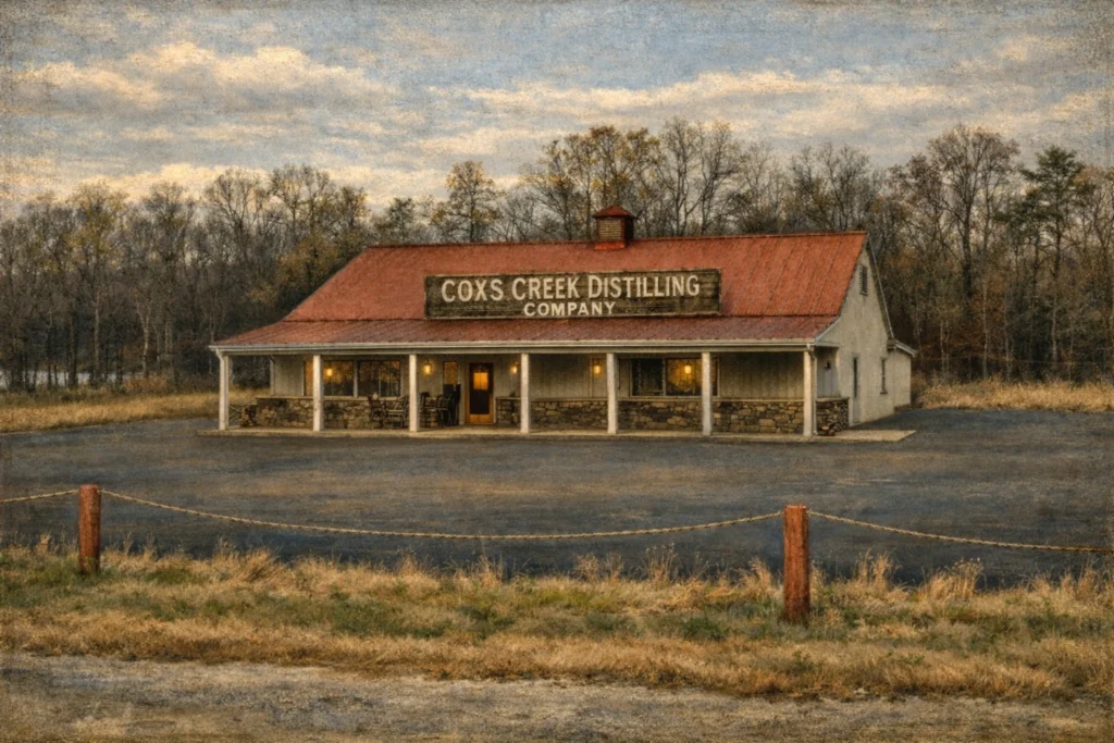 Exterior view of Coxs Creek Distilling Company featuring a rustic stone-front building with a red metal roof, covered porch, warm interior lights, and wooded Kentucky backdrop.