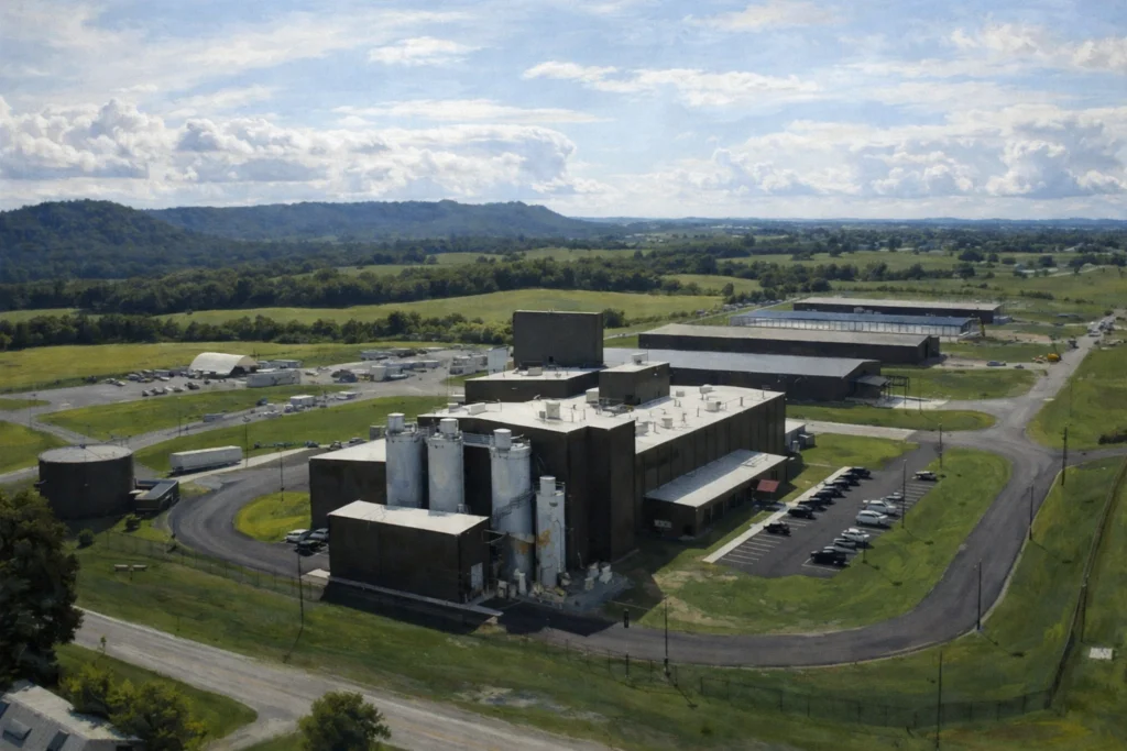 Wide aerial view of the Diageo distillery in Lebanon, Kentucky, featuring large production buildings, storage tanks, parking areas, and surrounding farmland.