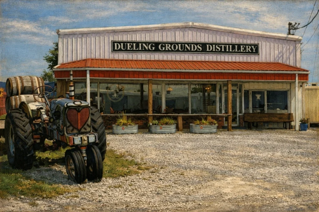 Exterior of Dueling Grounds Distillery featuring a rustic metal-sided building with a red roof, front porch seating, and gravel lot in rural Kentucky.
