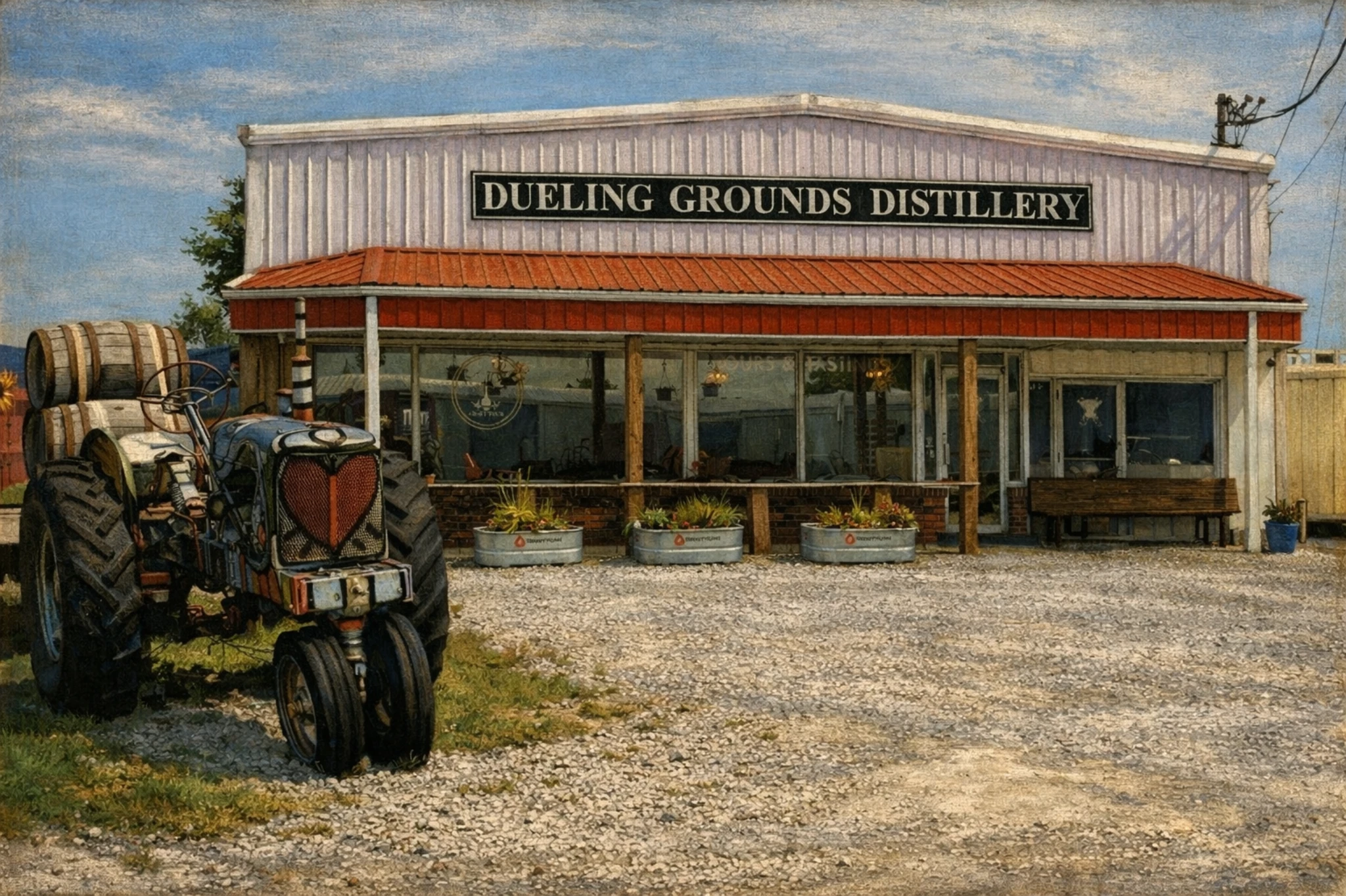 Exterior of Dueling Grounds Distillery featuring a rustic metal-sided building with a red roof, front porch seating, and gravel lot in rural Kentucky.
