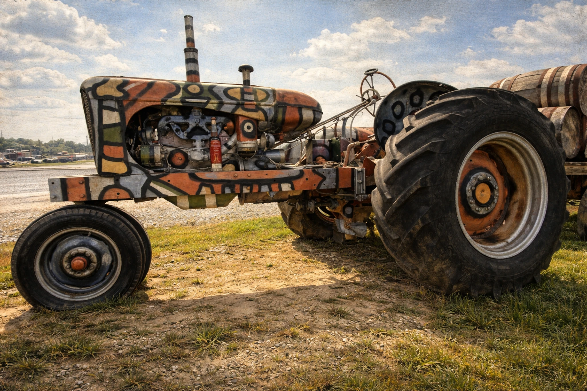 Colorfully painted vintage tractor displayed outside Dueling Grounds Distillery, with barrel accents and open countryside in the background.
