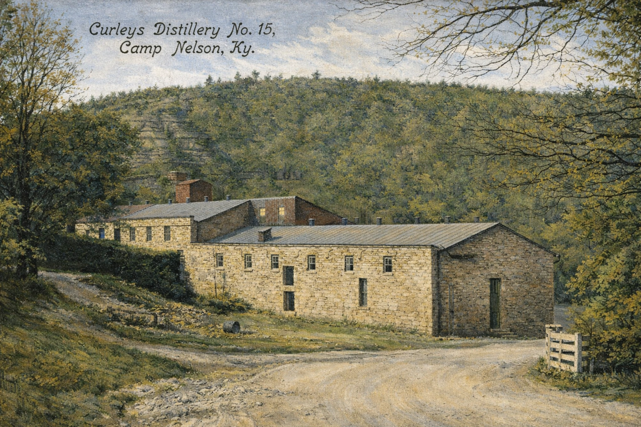 E. J. Curley & Co. Distillery No. 15 at Camp Nelson, Kentucky, circa 1885, historic distillery illustration.