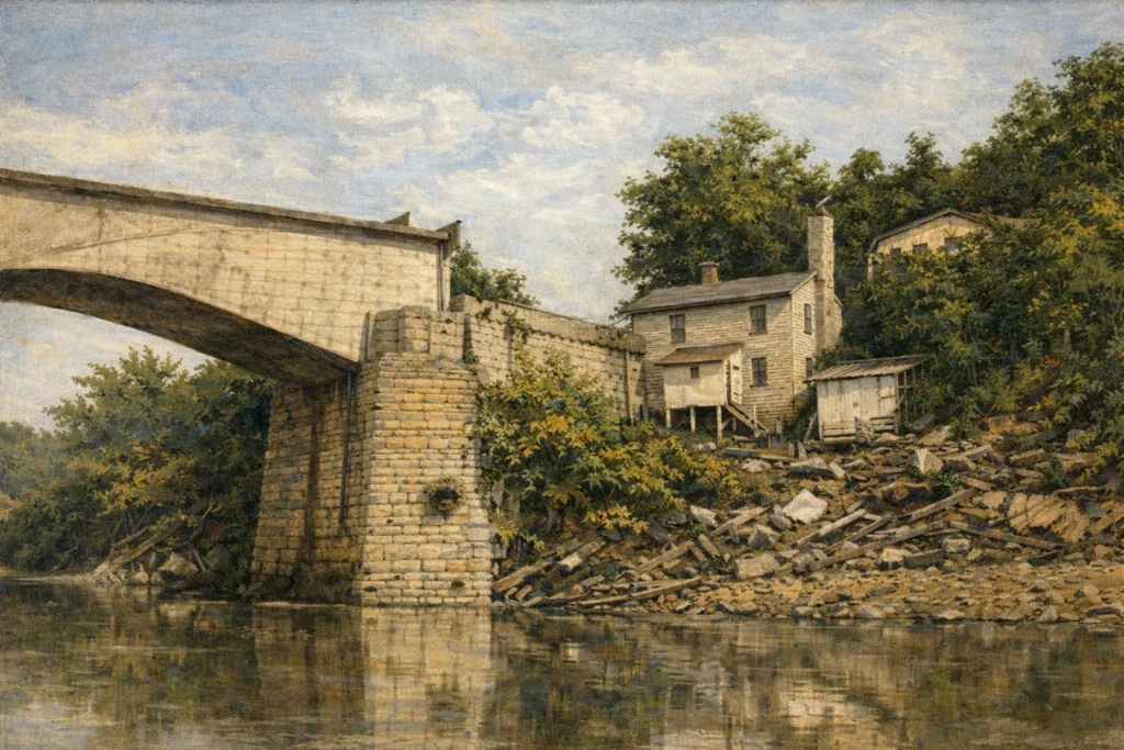 Historic E. J. Curley & Co. Distillery buildings at Camp Nelson, Kentucky, digitally remastered illustration.