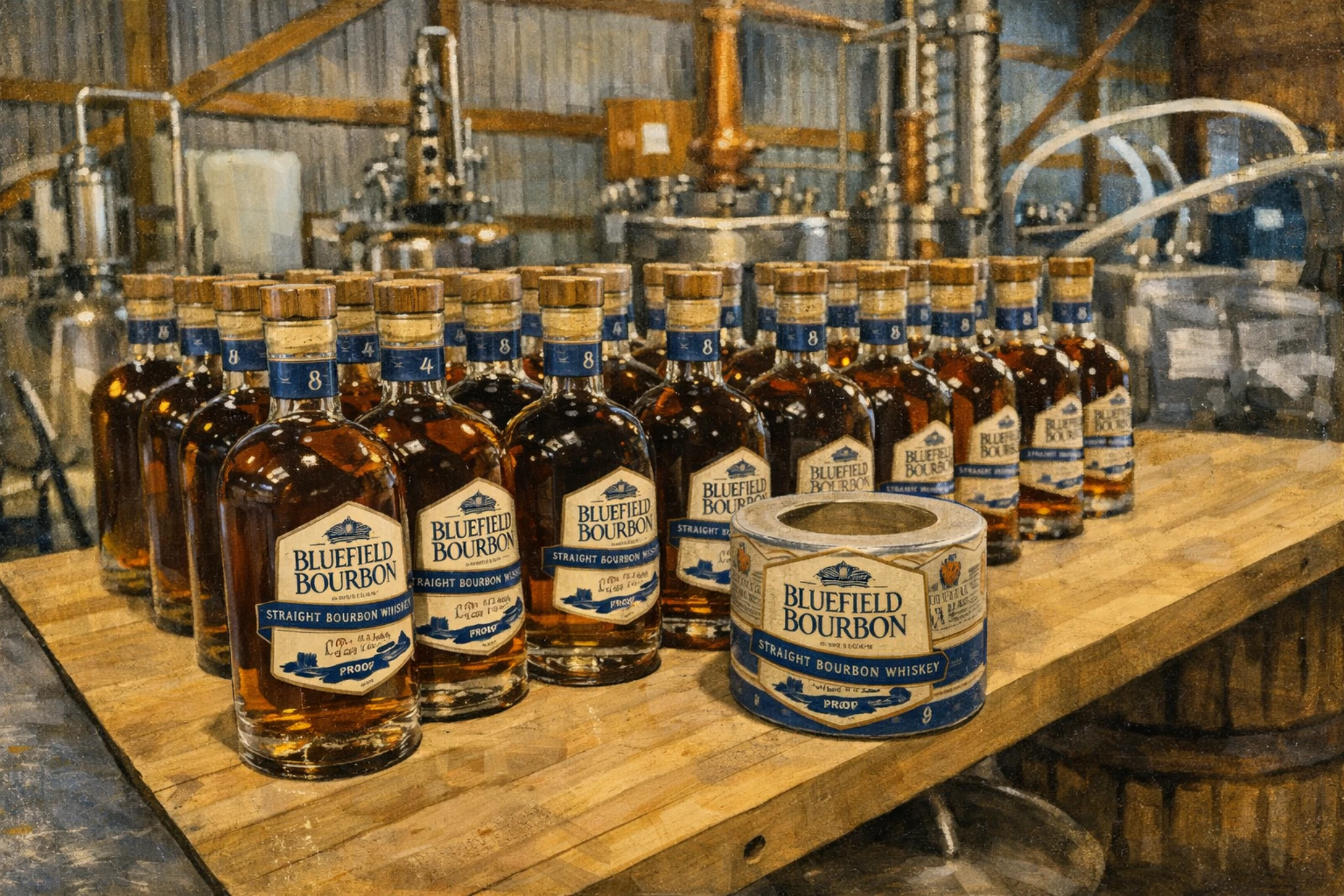 Founding Fox Bourbon bottles lined on a wooden table inside General George Stillhouse, with copper distilling equipment visible in the background.