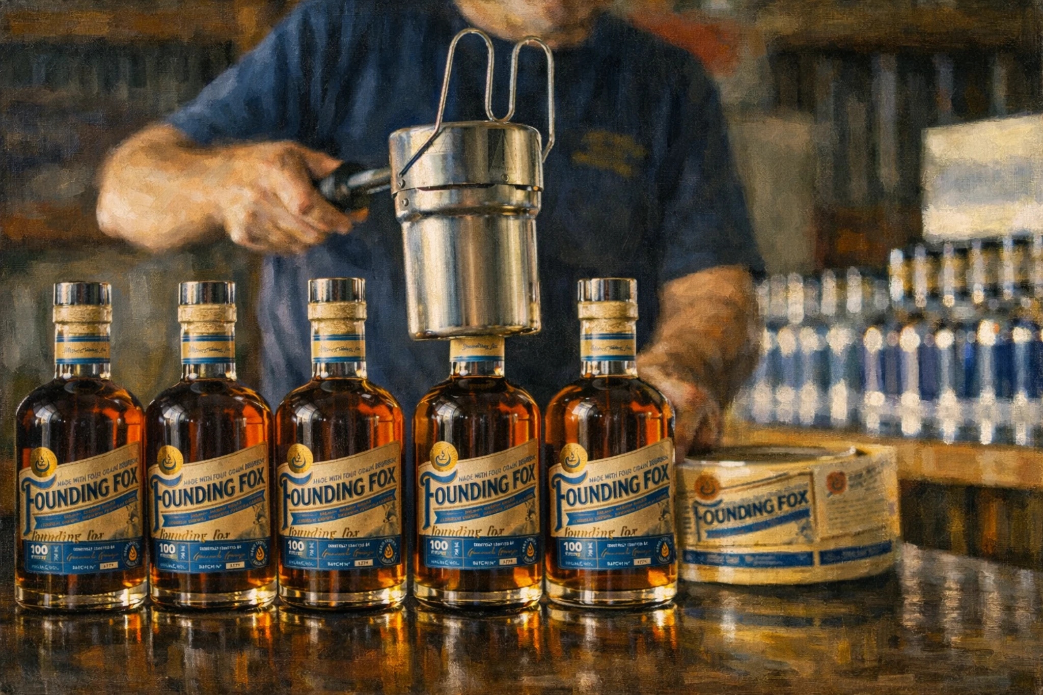 Founding Fox bourbon bottles being hand-bottled at General George Stillhouse, showcasing small-batch production inside the distillery.