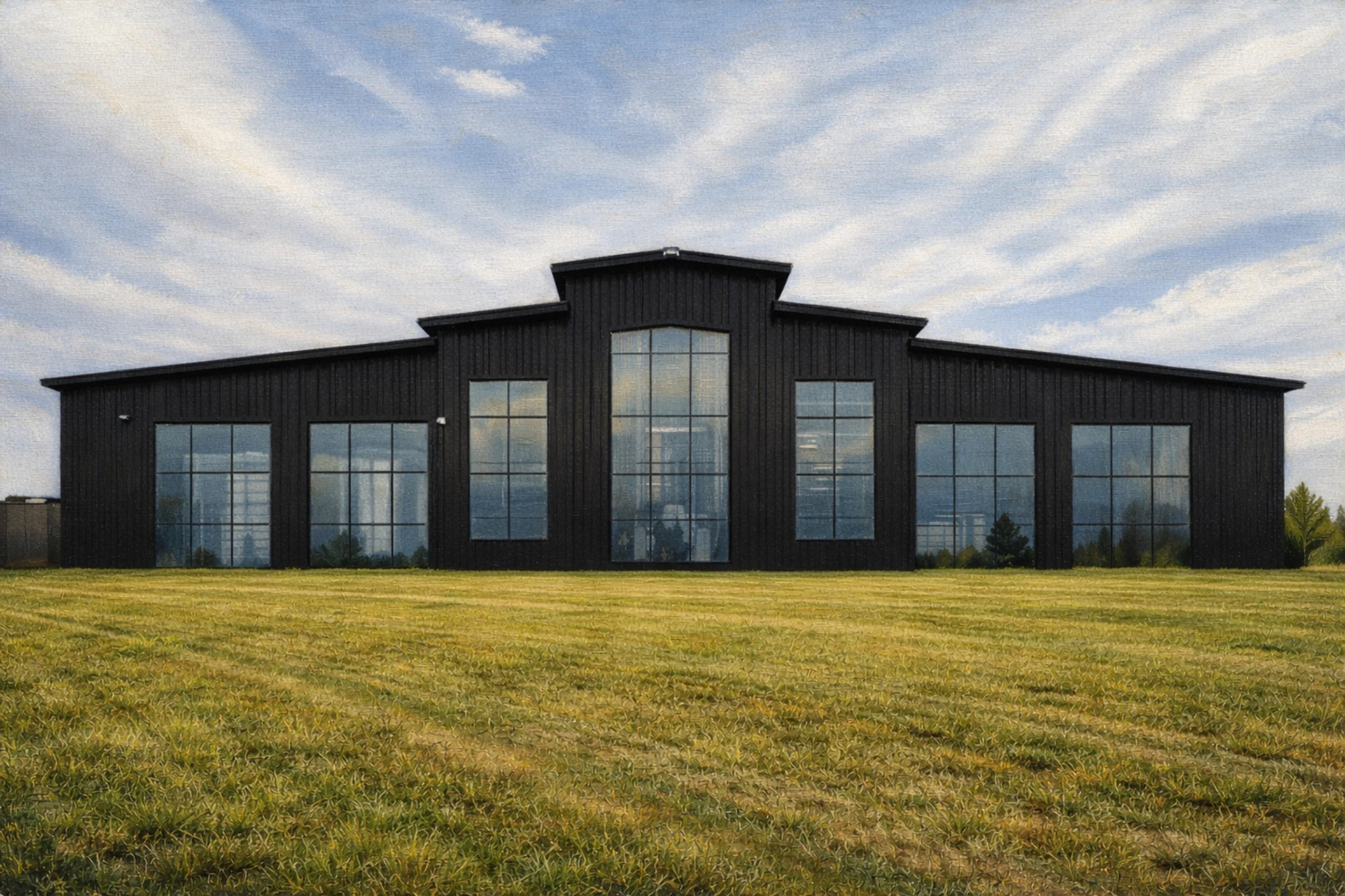 Modern black barn-style distillery building at Garrard County Distilling, set against open grass and a wide Kentucky sky.