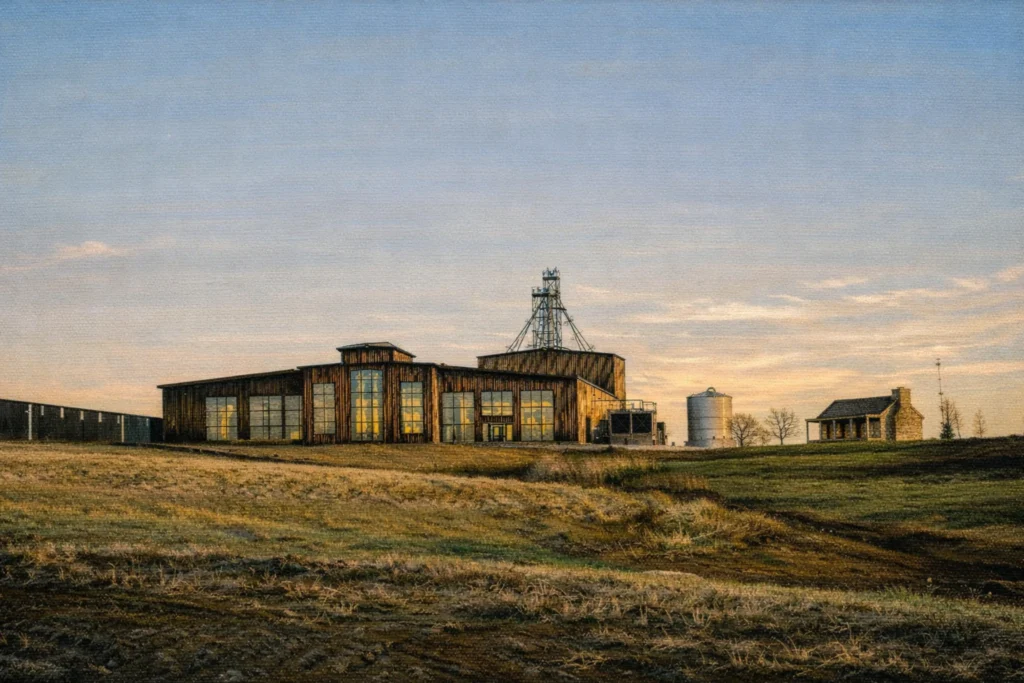 Rural Garrard County Distilling campus at sunset, featuring the main distillery building, silo, and surrounding Kentucky landscape.