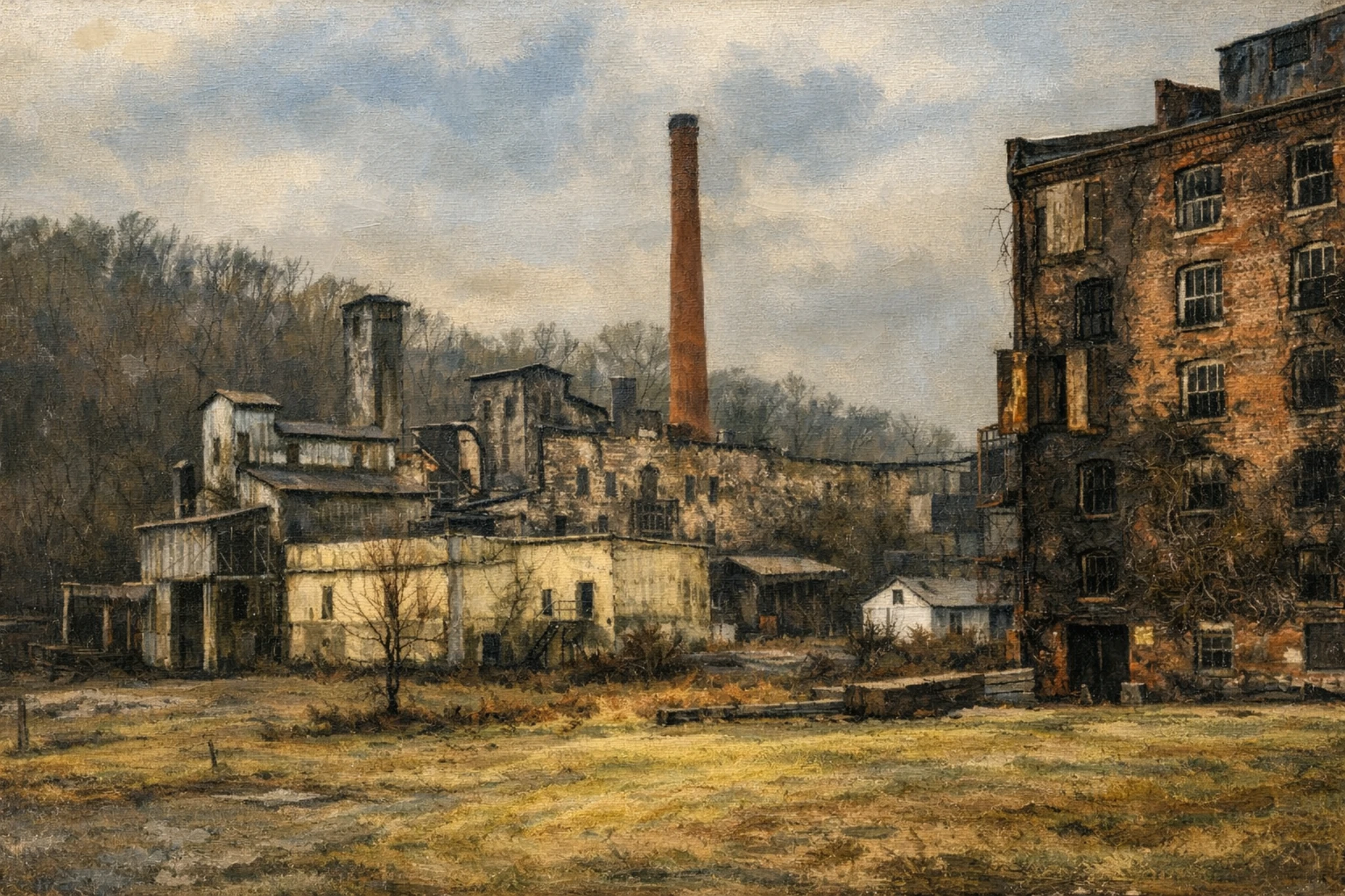 Industrial-era distillery buildings and tall brick chimney at Glenns Creek Distillery, part of the former Old Crow whiskey site.