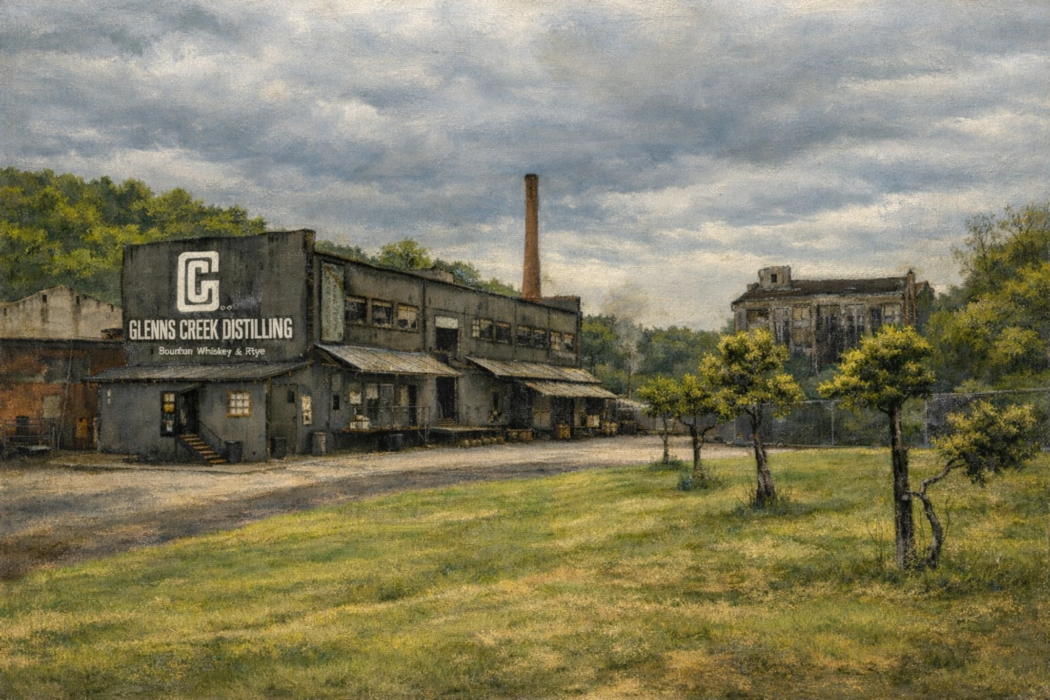 Historic stone buildings and smokestack at Glenns Creek Distillery, showcasing the preserved architecture of the Old Crow distillery complex.