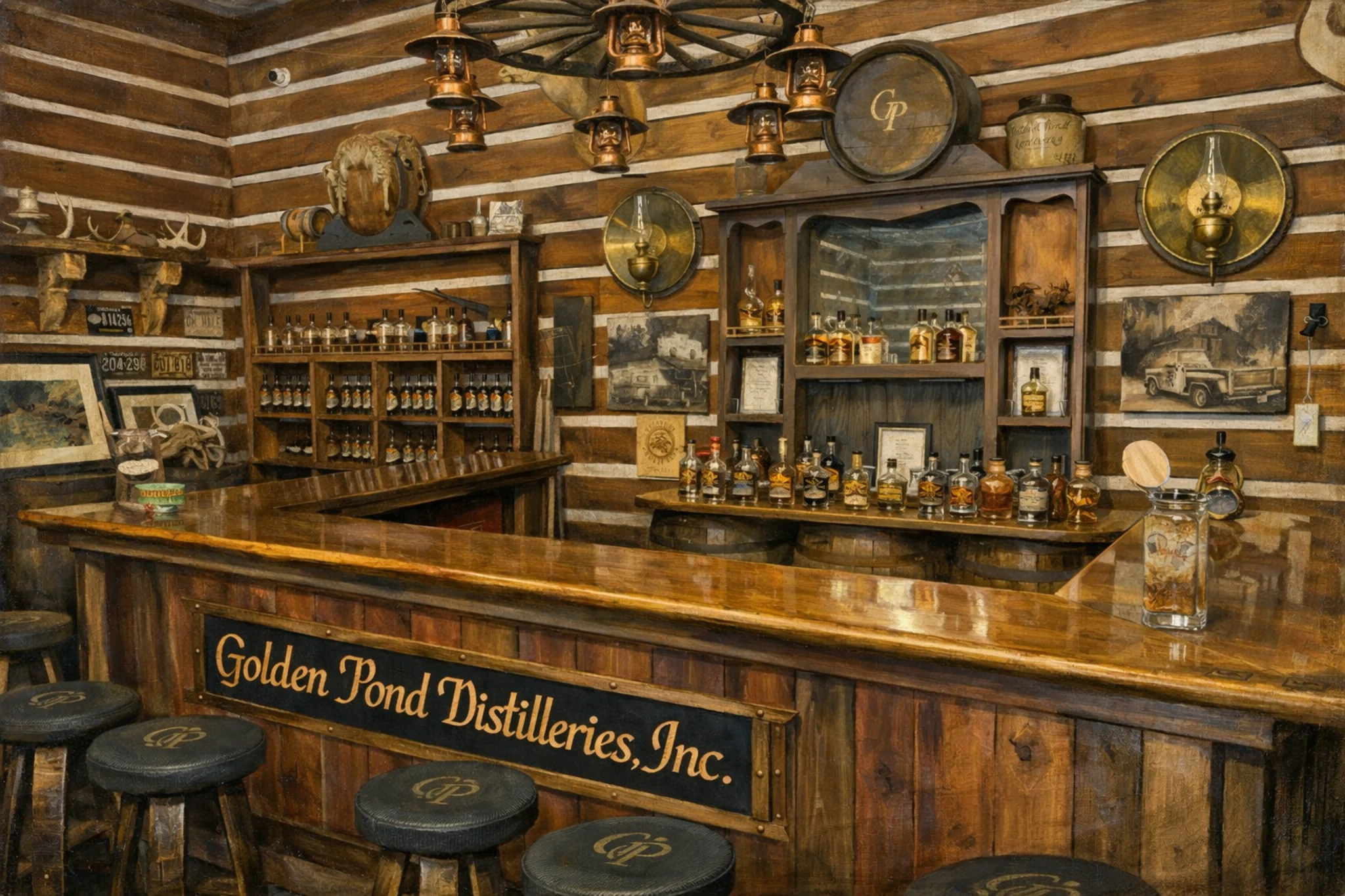 Interior of Golden Pond Distilling tasting room featuring a rustic wooden bar, bottle displays, lantern lighting, and log cabin–style walls.