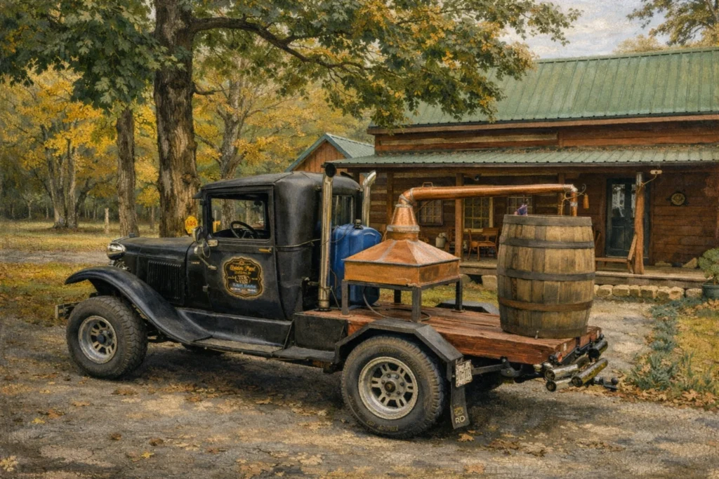 Vintage truck display at Golden Pond Distilling carrying a copper still and barrel, parked outside a log cabin building surrounded by fall foliage.