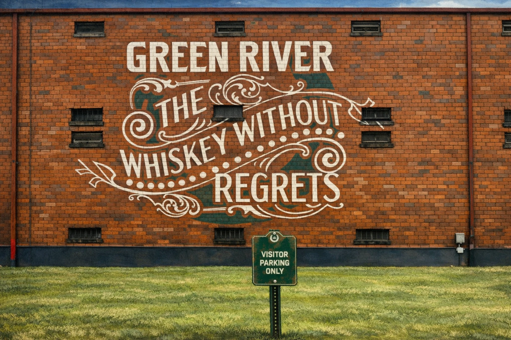 Brick wall mural at Green River Distilling Co reading “The Whiskey Without Regrets,” painted on a historic rickhouse exterior with grass in the foreground.