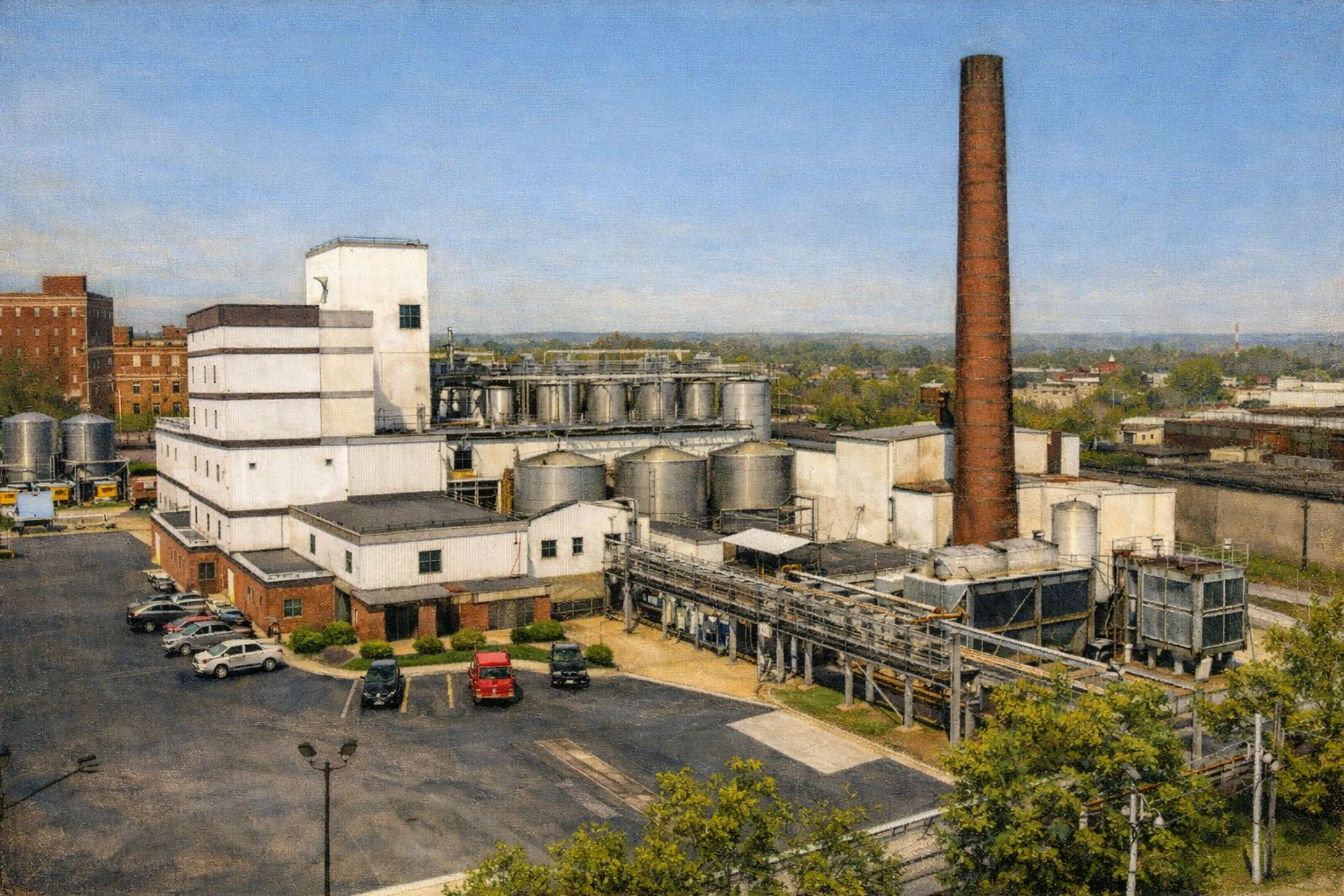 Aerial view of Heaven Hill’s Bernheim Distillery campus showing production buildings, storage tanks, smokestack, and surrounding Louisville cityscape.