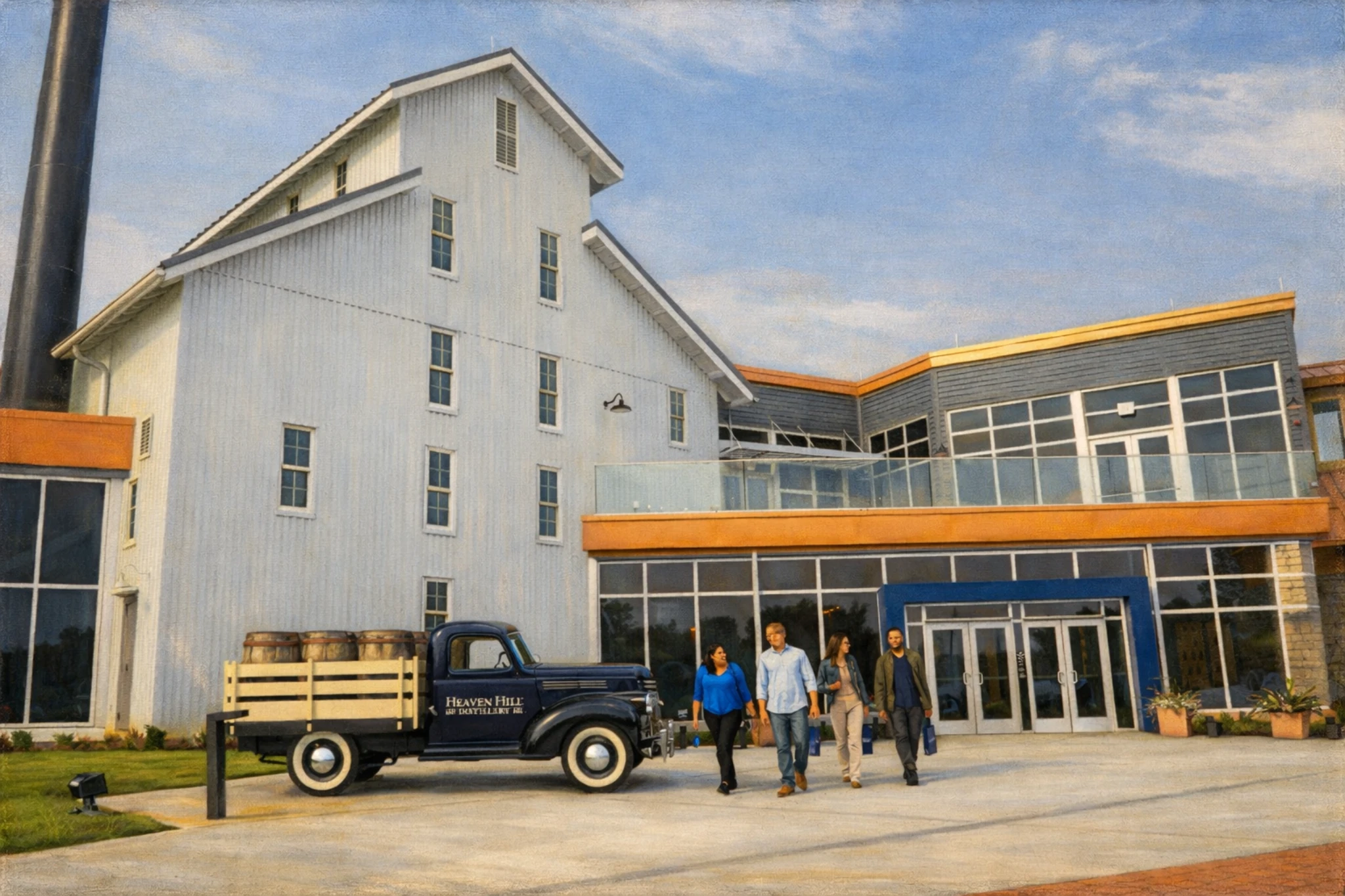 Exterior of the Heaven Hill Bourbon Experience visitor center featuring a modern glass façade, historic white rickhouse structure, and vintage Heaven Hill delivery truck.