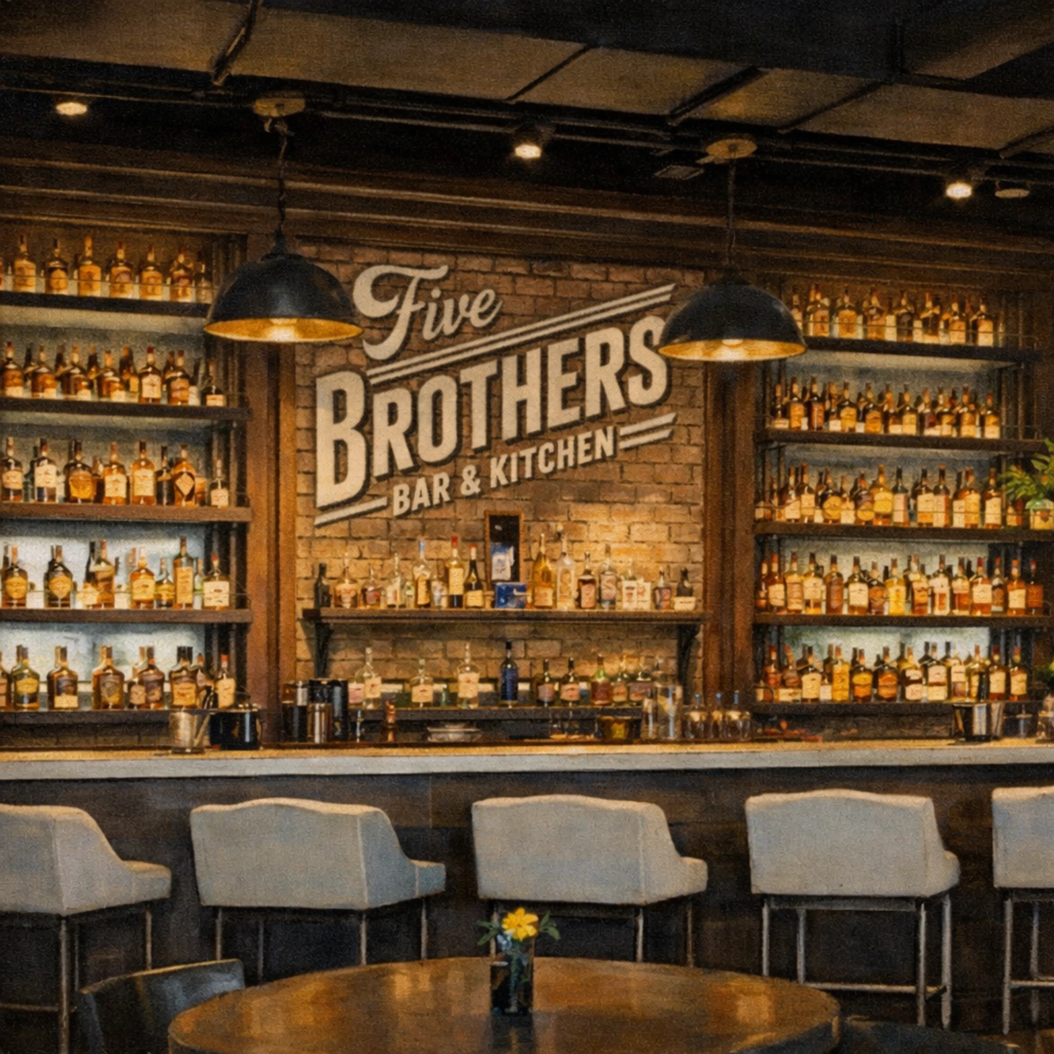 Five Brothers Bar & Kitchen at the Heaven Hill Bourbon Experience with a brick accent wall, extensive bourbon bottle display, and bar seating.