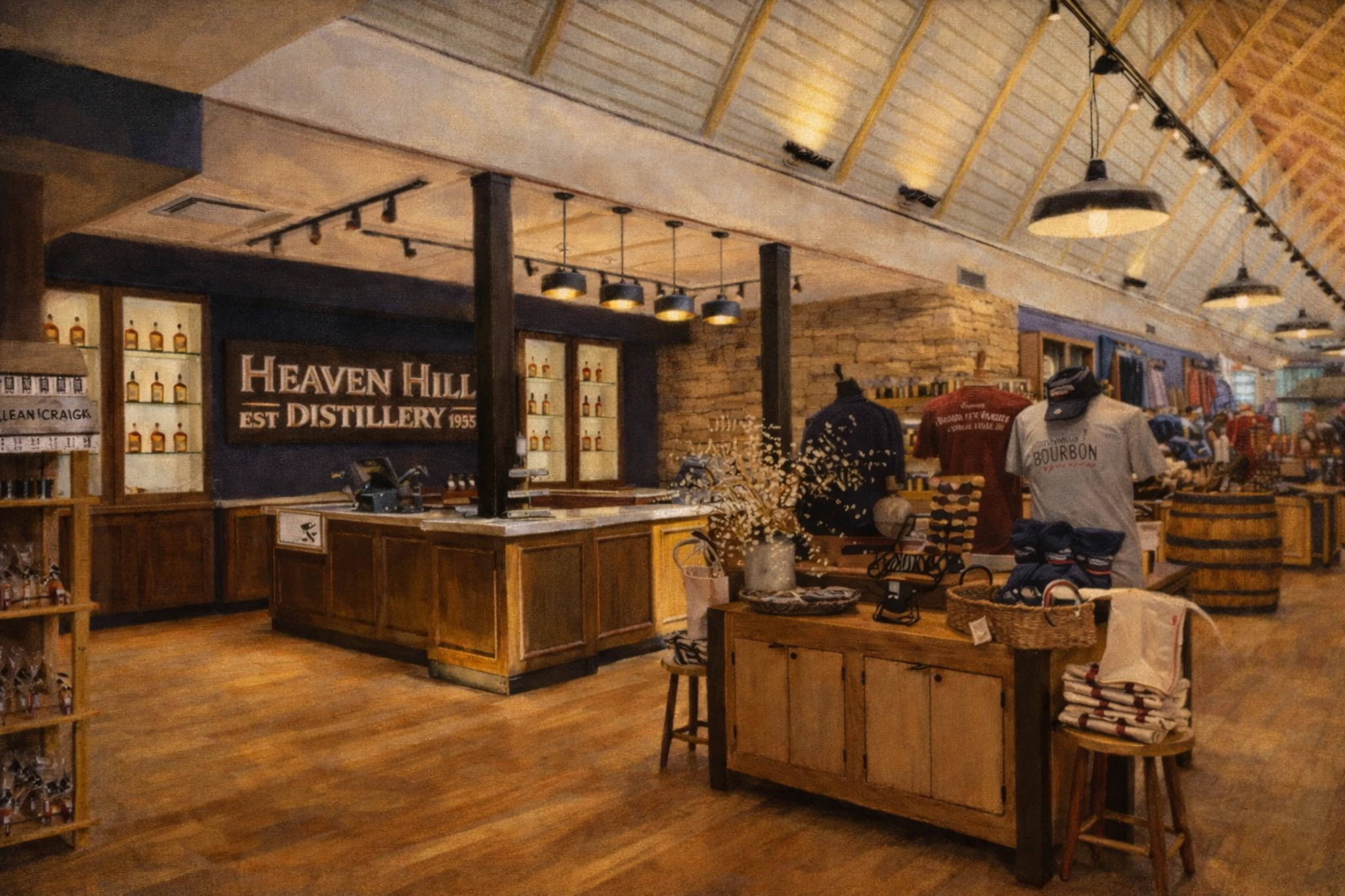 Interior of the Heaven Hill Bourbon Experience gift shop featuring branded merchandise, tasting counters, barrel displays, and warm wood finishes.
