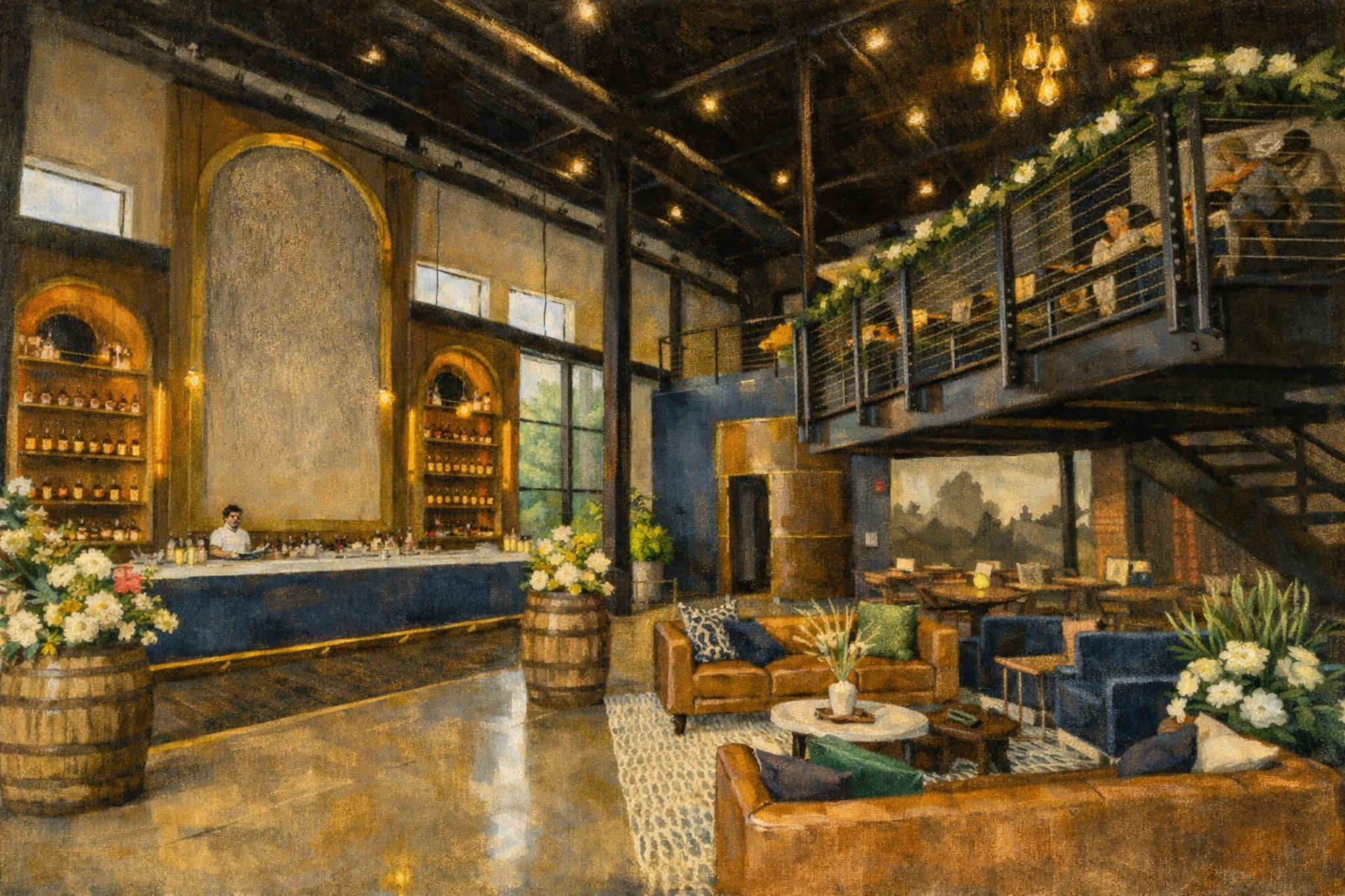 Heaven Hill Springs Distillery tasting room featuring a full-service bar, lounge seating, mezzanine level, floral accents, and warm industrial lighting.