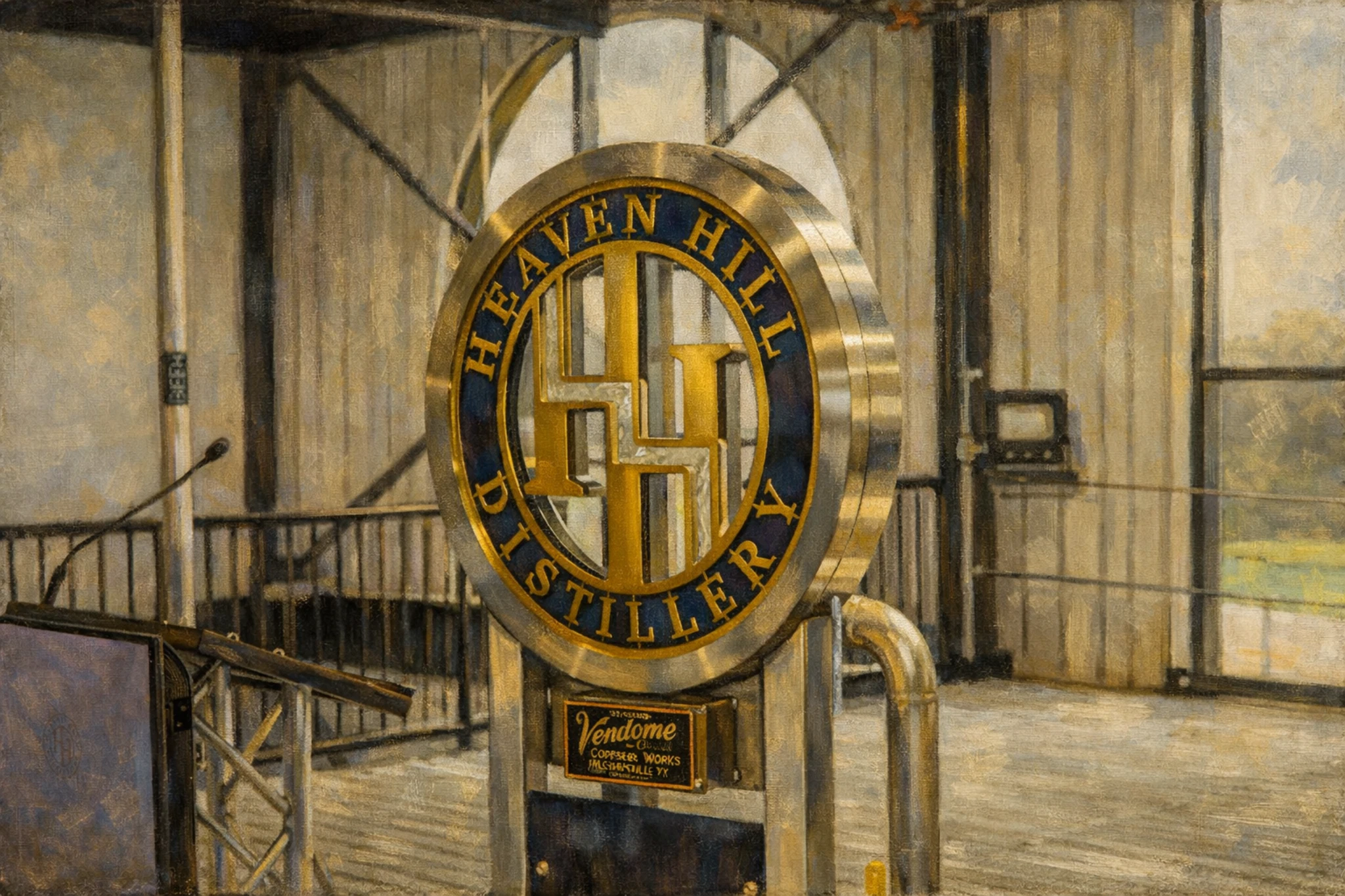 Vendome copper still with Heaven Hill Distillery emblem inside the Heaven Hill Springs Distillery production space.