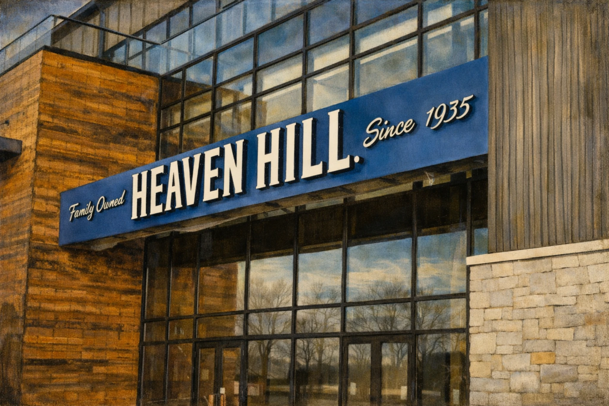 Heaven Hill Springs Distillery visitor center entrance with blue Heaven Hill signage reading “Family Owned Since 1935.”