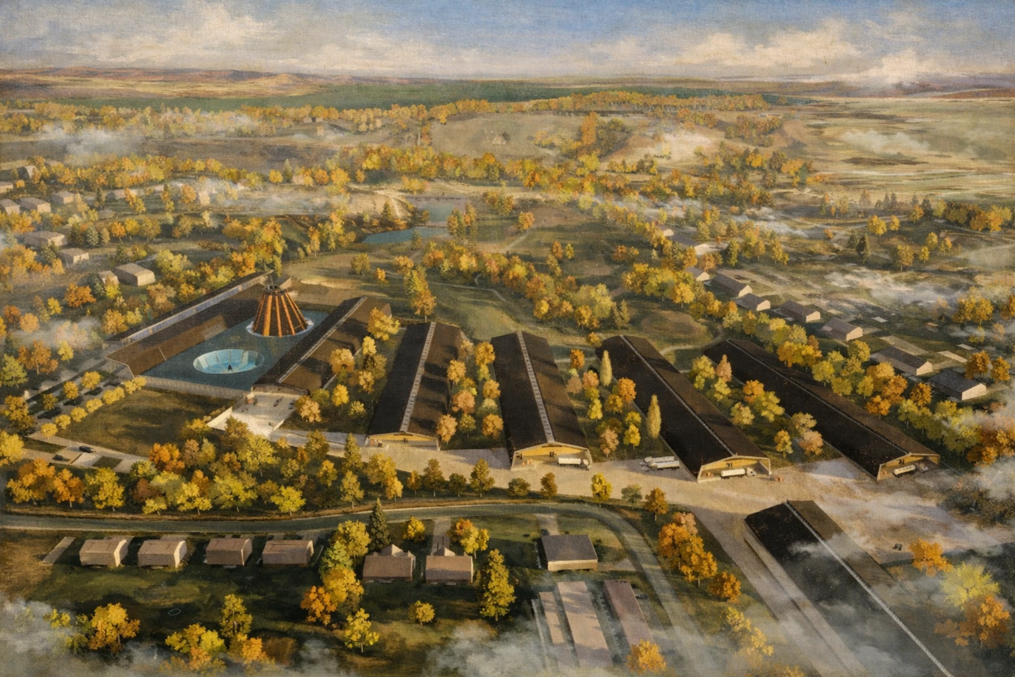 Aerial concept view of Horse Soldier Farms Distillery at Lake Cumberland featuring multiple rickhouses, central monument complex, landscaped grounds, and surrounding rural terrain.