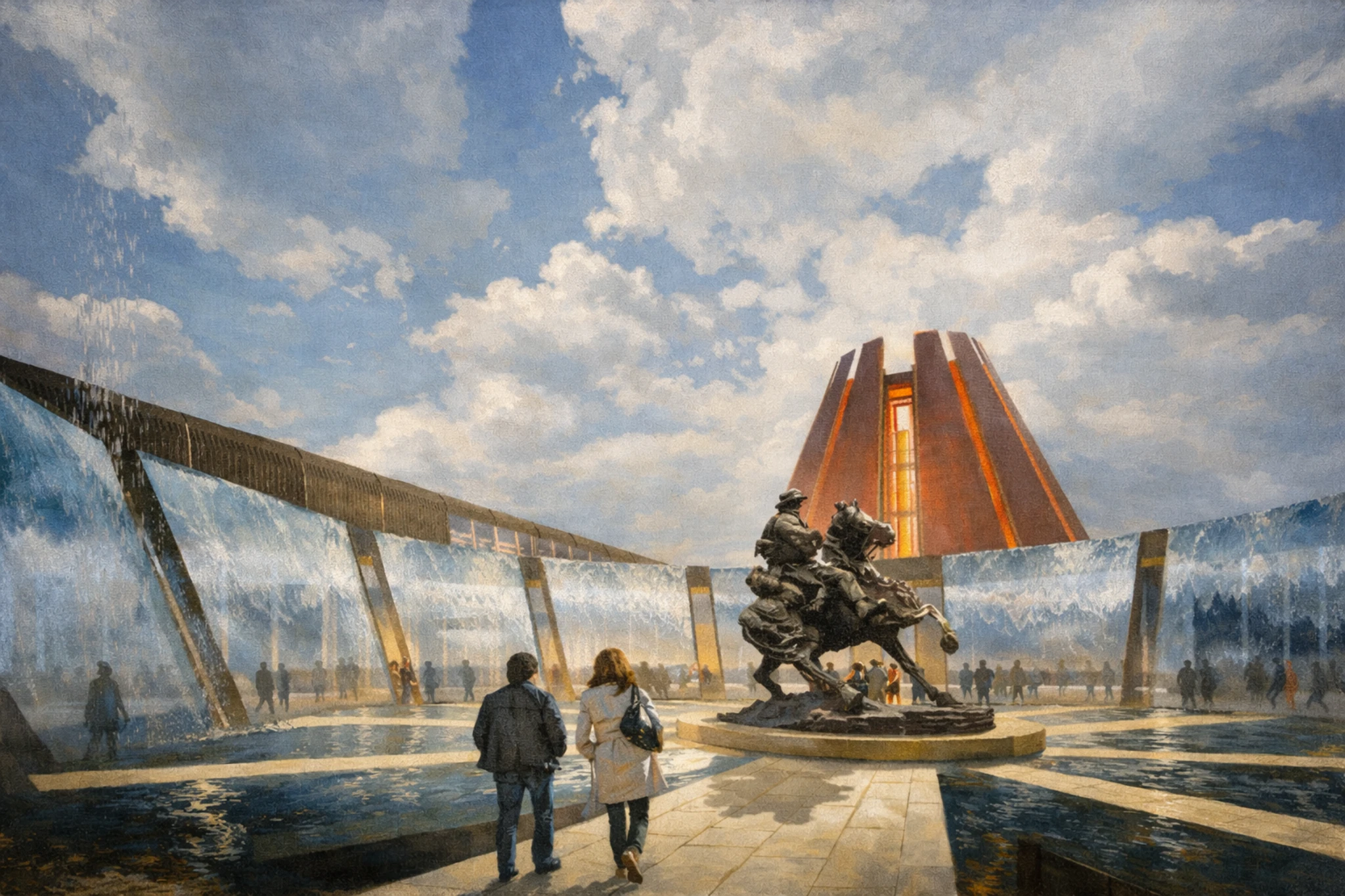 Horse Soldier Farms Distillery concept showing a central memorial courtyard with bronze mounted statue, cascading water features, and a dramatic illuminated tower centerpiece.