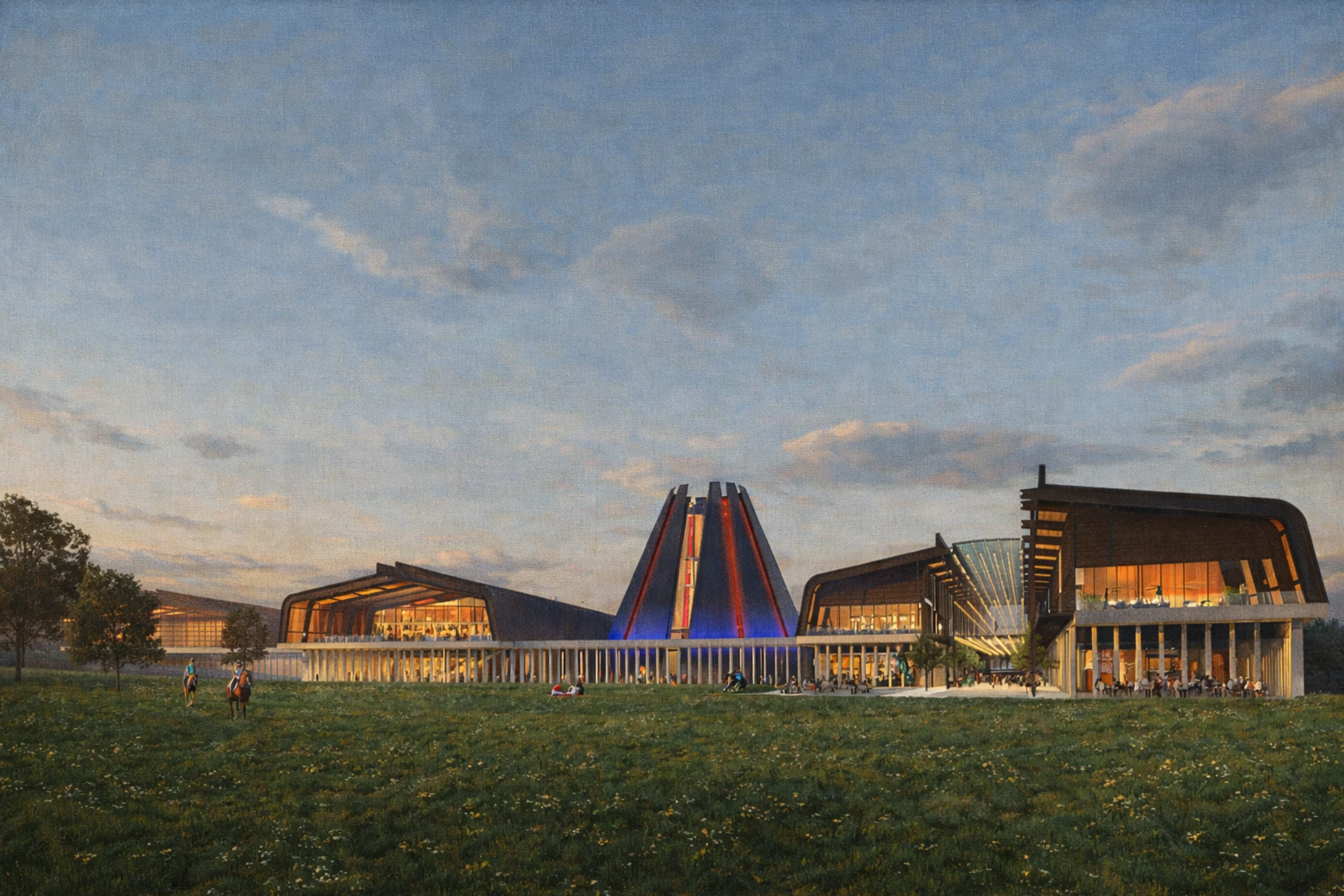 Concept rendering of Horse Soldier Farms Distillery visitor campus with modern timber structures, open lawn gathering space, and a striking illuminated central tower at dusk.