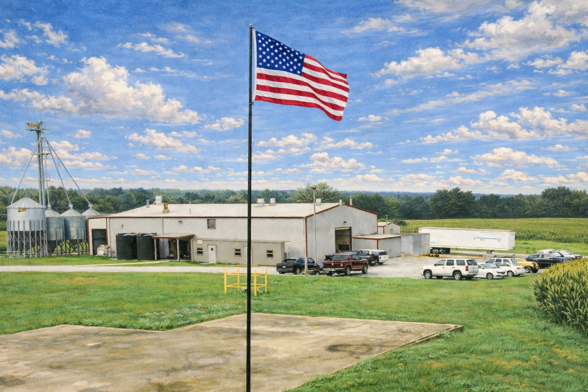 American flag flying over Jackson Purchase Distillery campus with warehouses, silos, and surrounding farmland.