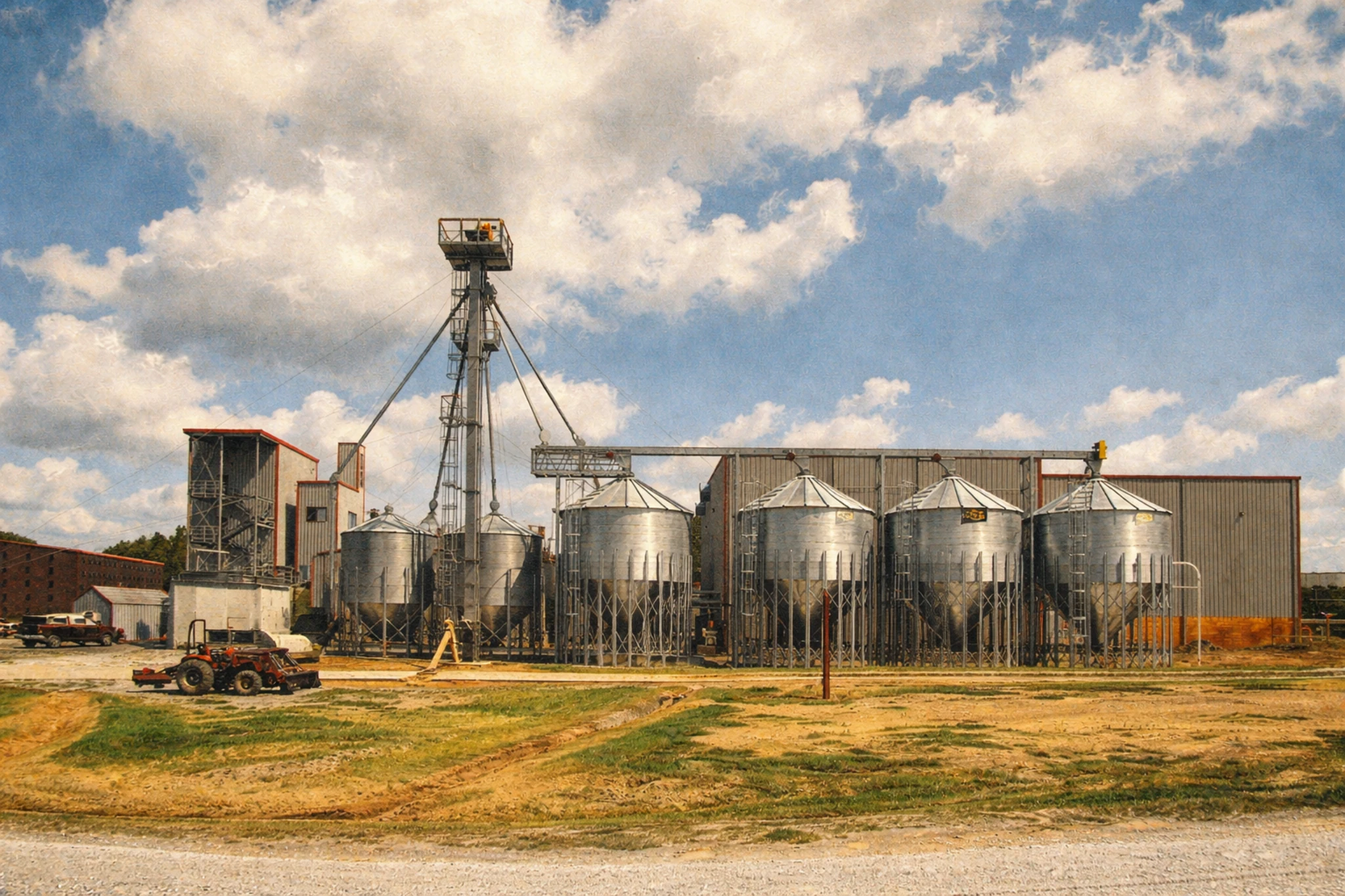 Jackson Purchase Distillery grain silos and milling facility under a partly cloudy Kentucky sky.