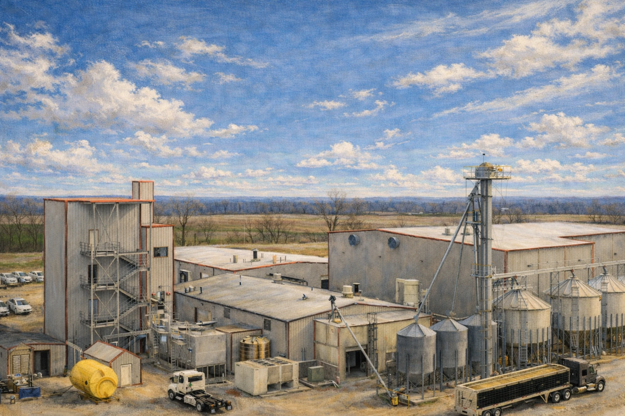 Production buildings and grain handling structures at Jackson Purchase Distillery in rural Kentucky.