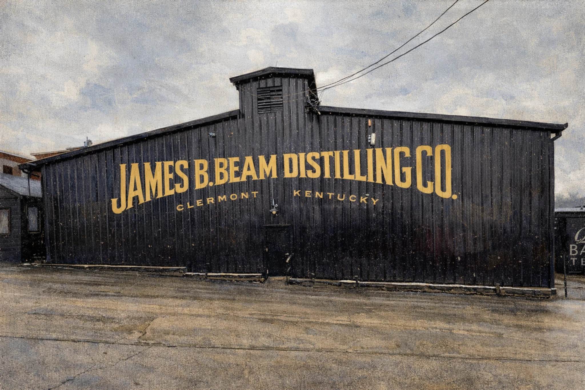 Black warehouse building at James B. Beam Distilling Co in Clermont, Kentucky with large painted James B. Beam Distilling Co signage.