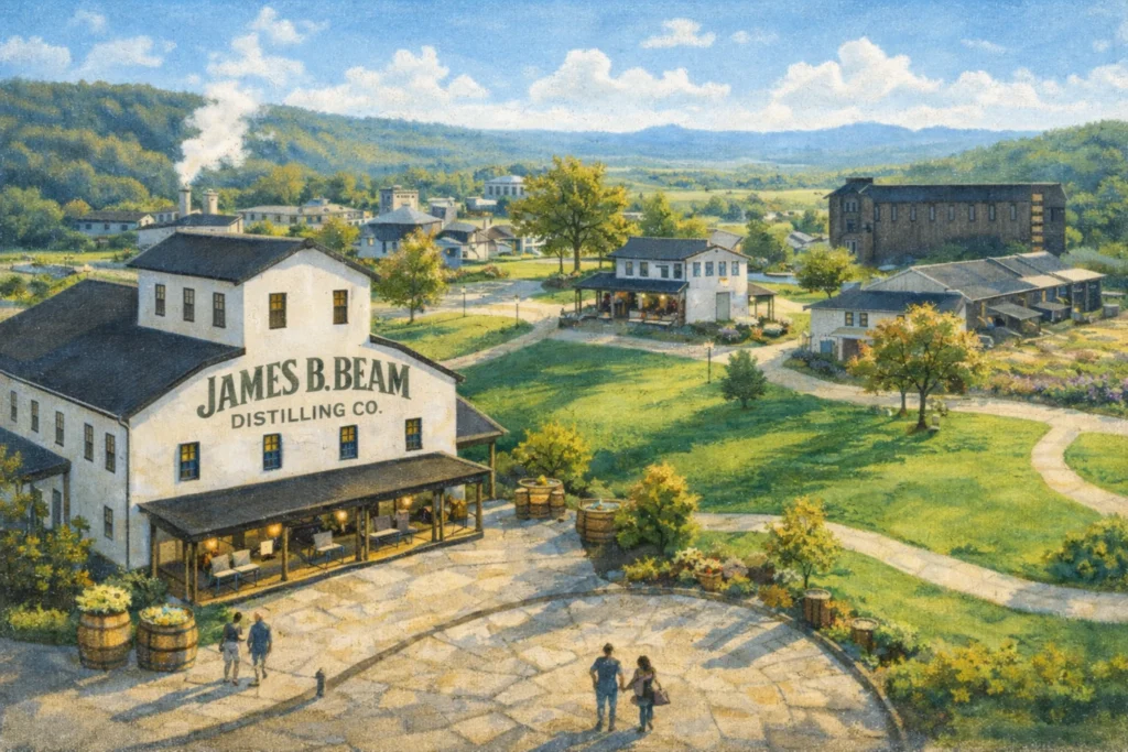 Aerial-style view of the James B. Beam Distilling Co campus showing historic buildings, green lawns, visitor walkways, and surrounding Kentucky hills.