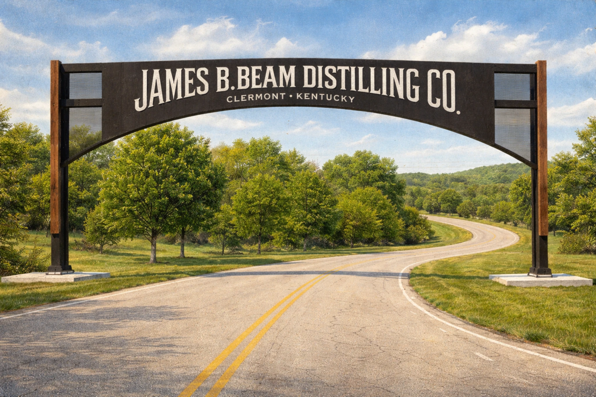 Entrance archway to James B. Beam Distilling Co in Clermont, Kentucky spanning a curving road through the distillery grounds.