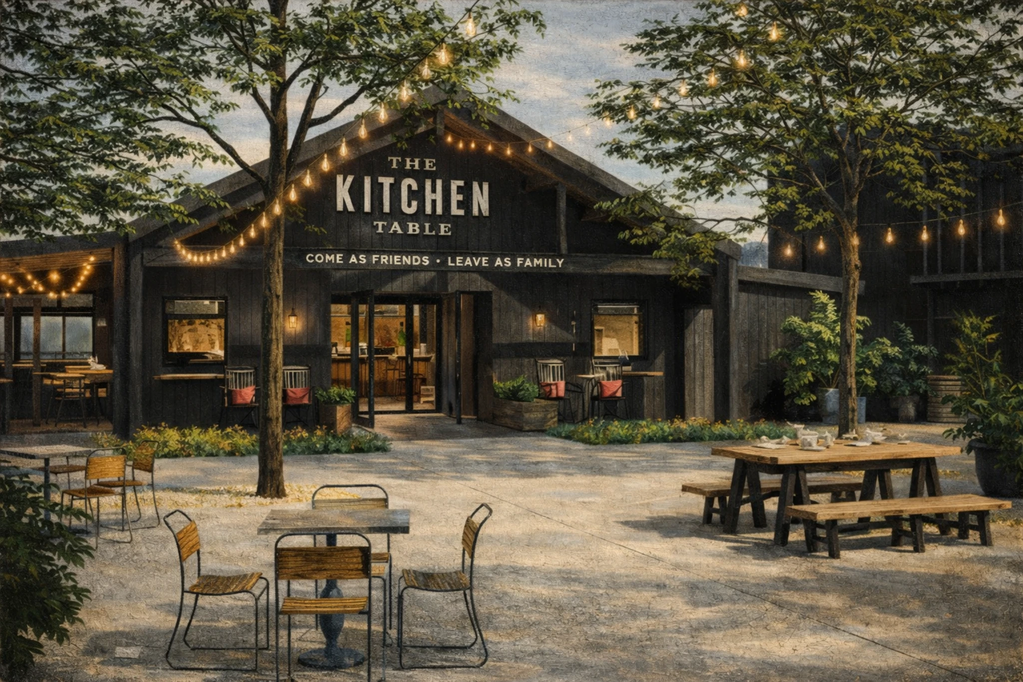 Exterior of The Kitchen Table restaurant at James B. Beam Distilling Co with string lights, outdoor seating, and rustic barn-style architecture.
