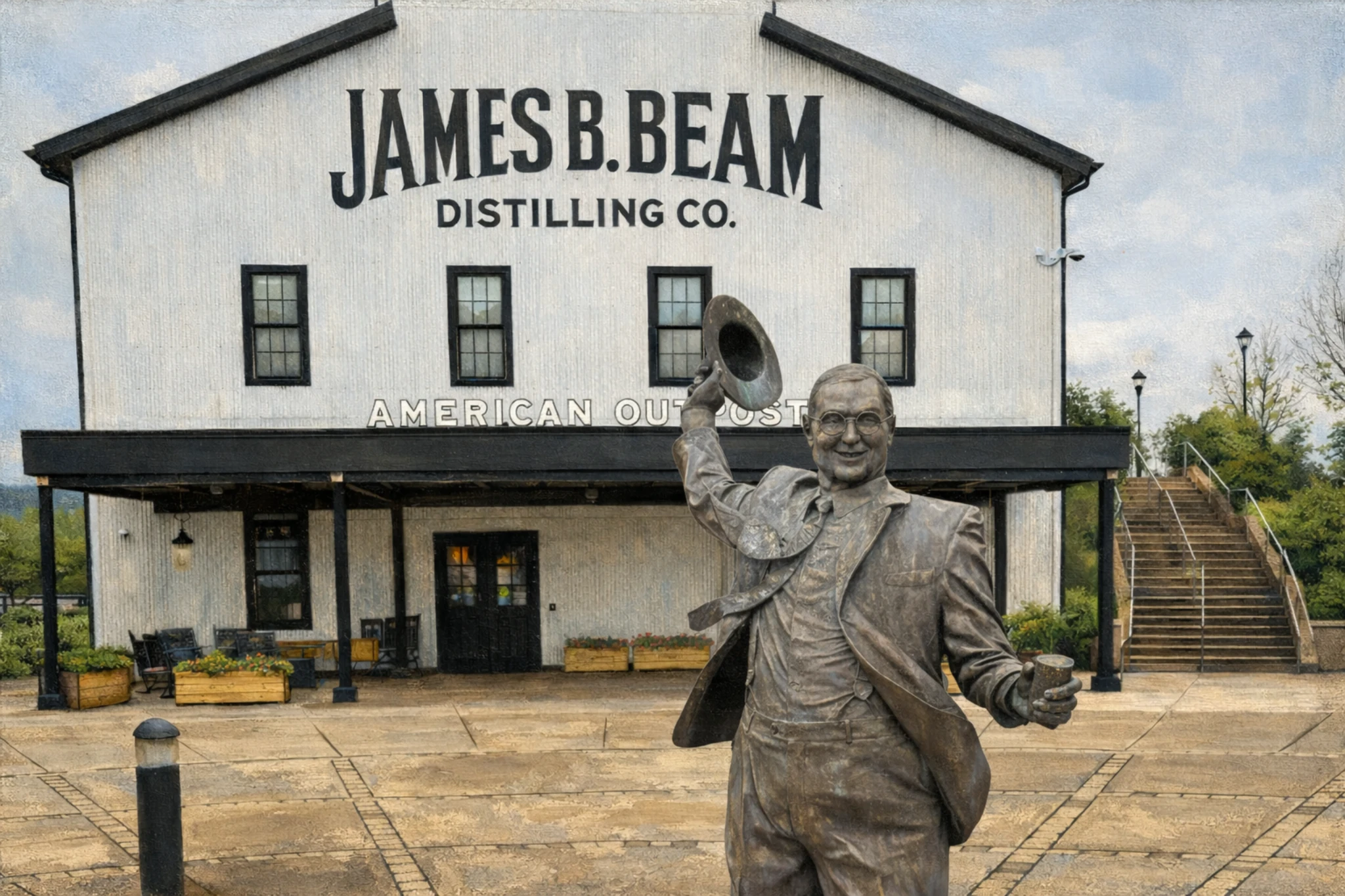 Statue of James B. Beam holding a hat and glass in front of the American Outpost building at James B. Beam Distilling Co.