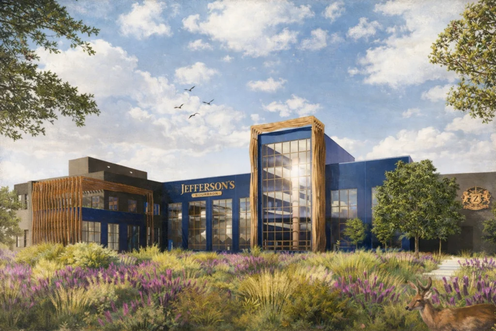 Concept rendering of Jefferson’s Distillery in Lebanon, Kentucky, showing a modern blue distillery building with wood accents, landscaped gardens, and surrounding greenery.