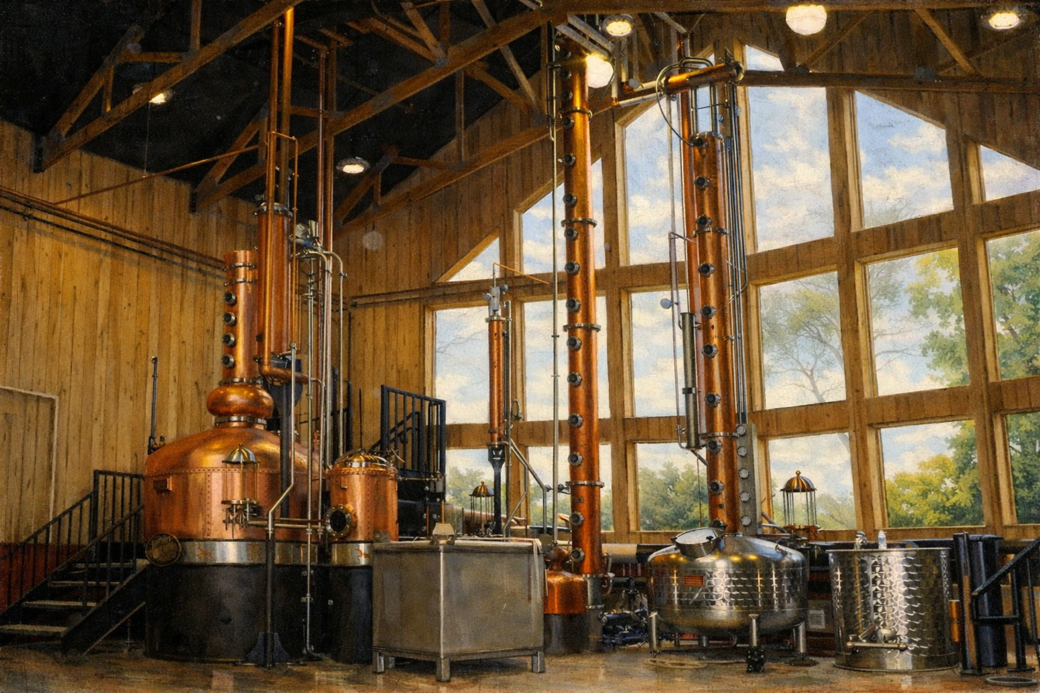 Copper pot stills inside Jeptha Creed Distillery illuminated by natural light from large windows.
