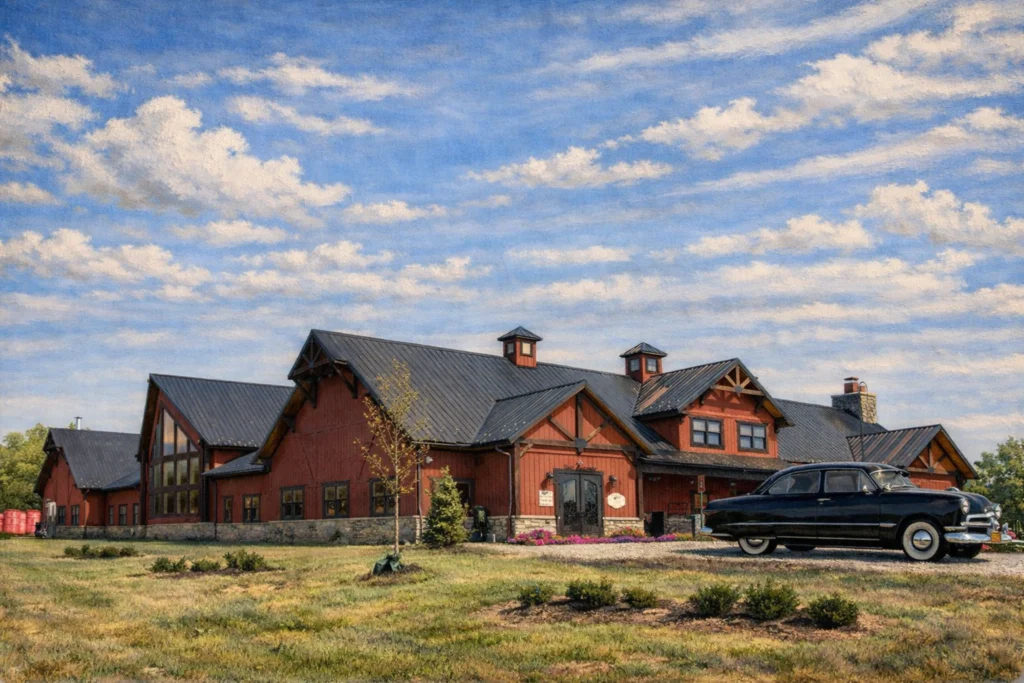 Wide exterior view of Jeptha Creed Distillery showing the full campus and surrounding landscape.