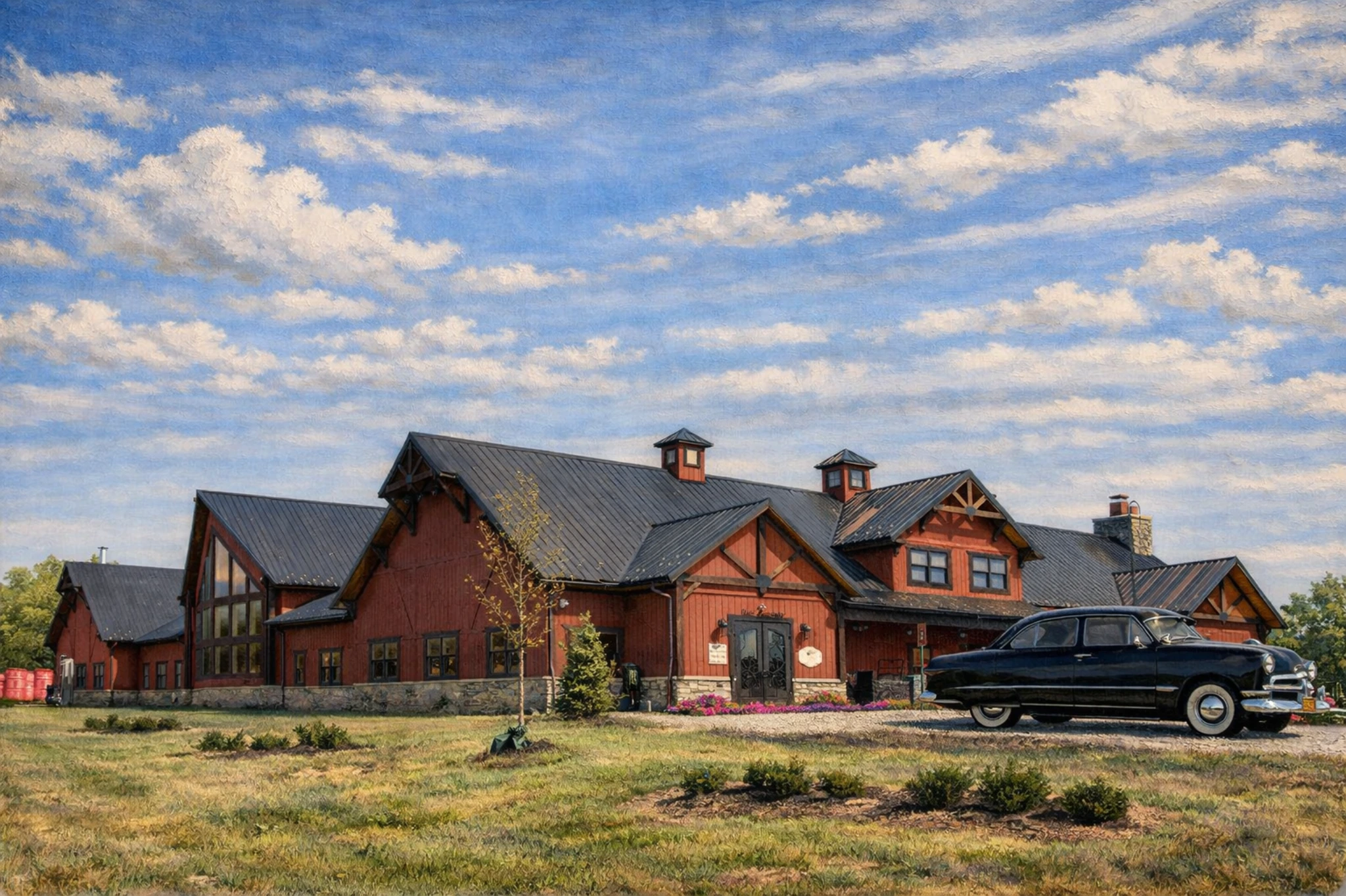 Wide exterior view of Jeptha Creed Distillery showing the full campus and surrounding landscape.