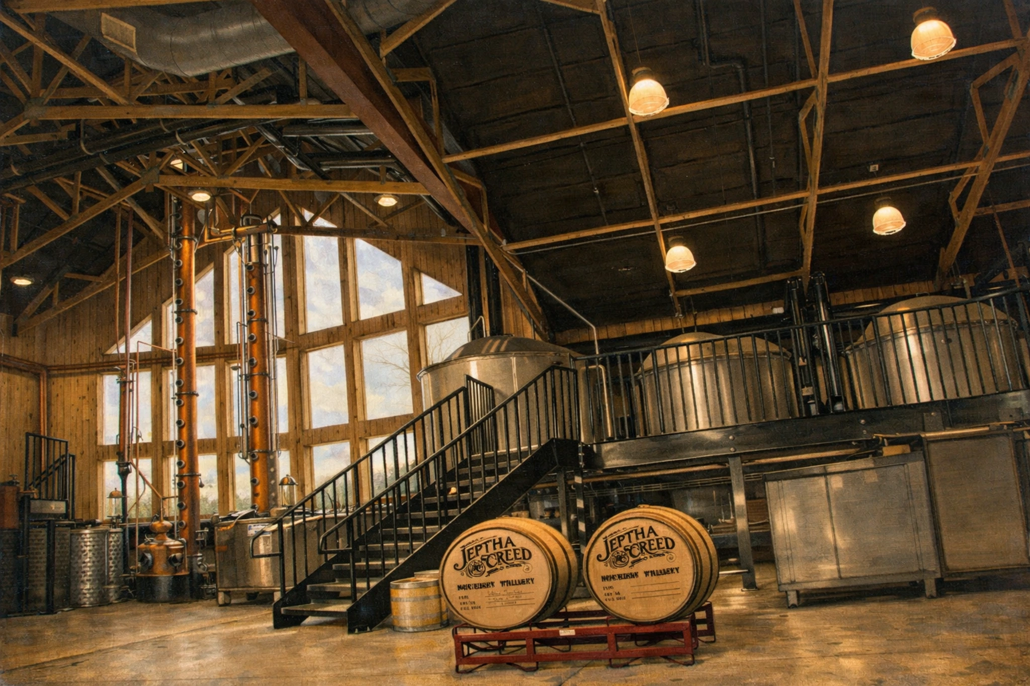 Interior view of Jeptha Creed Distillery still floor with copper columns and fermentation equipment.