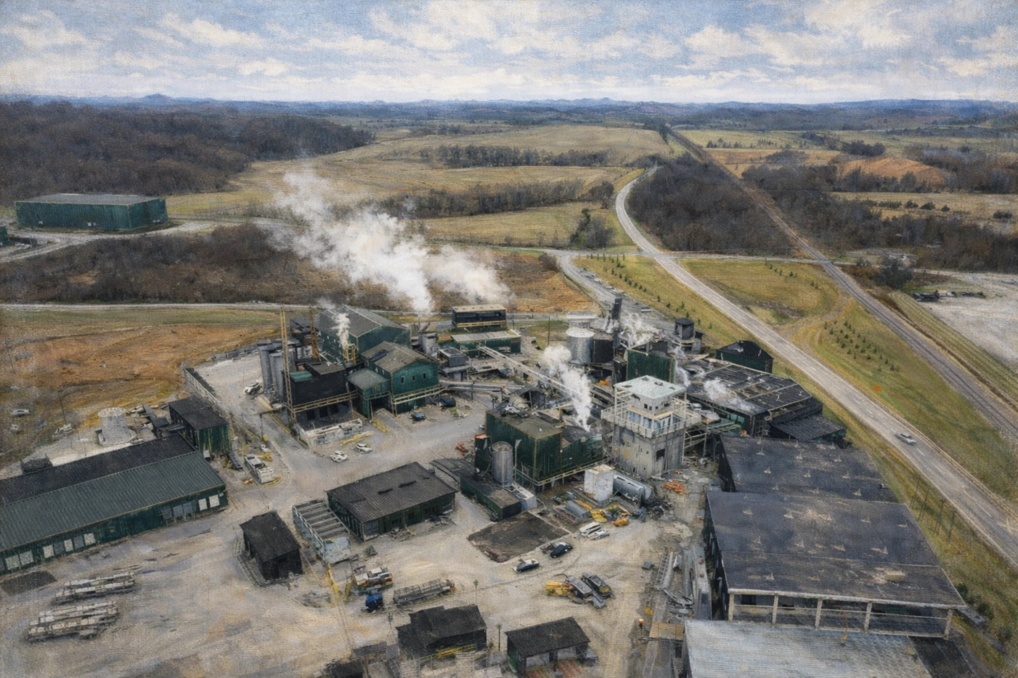 Aerial view of the Jim Beam Booker Noe Plant showing the full distillery complex, steam stacks, surrounding countryside, and access roads in rural Kentucky.