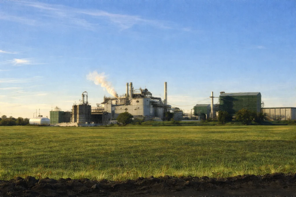 Ground-level view of the Jim Beam Booker Noe Plant with industrial distillery buildings, storage tanks, and steam rising above green fields under a clear blue sky.