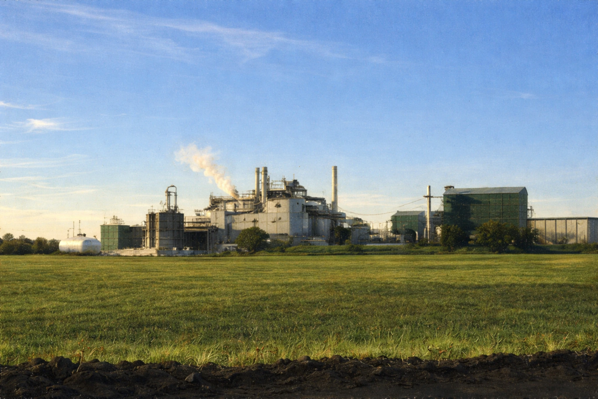 Ground-level view of the Jim Beam Booker Noe Plant with industrial distillery buildings, storage tanks, and steam rising above green fields under a clear blue sky.