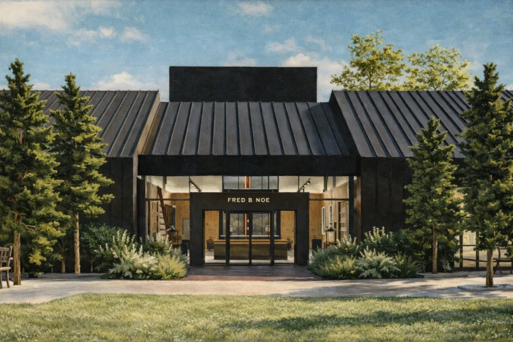 Exterior entrance of the Jim Beam Fred B. Noe Distillery visitor experience building.