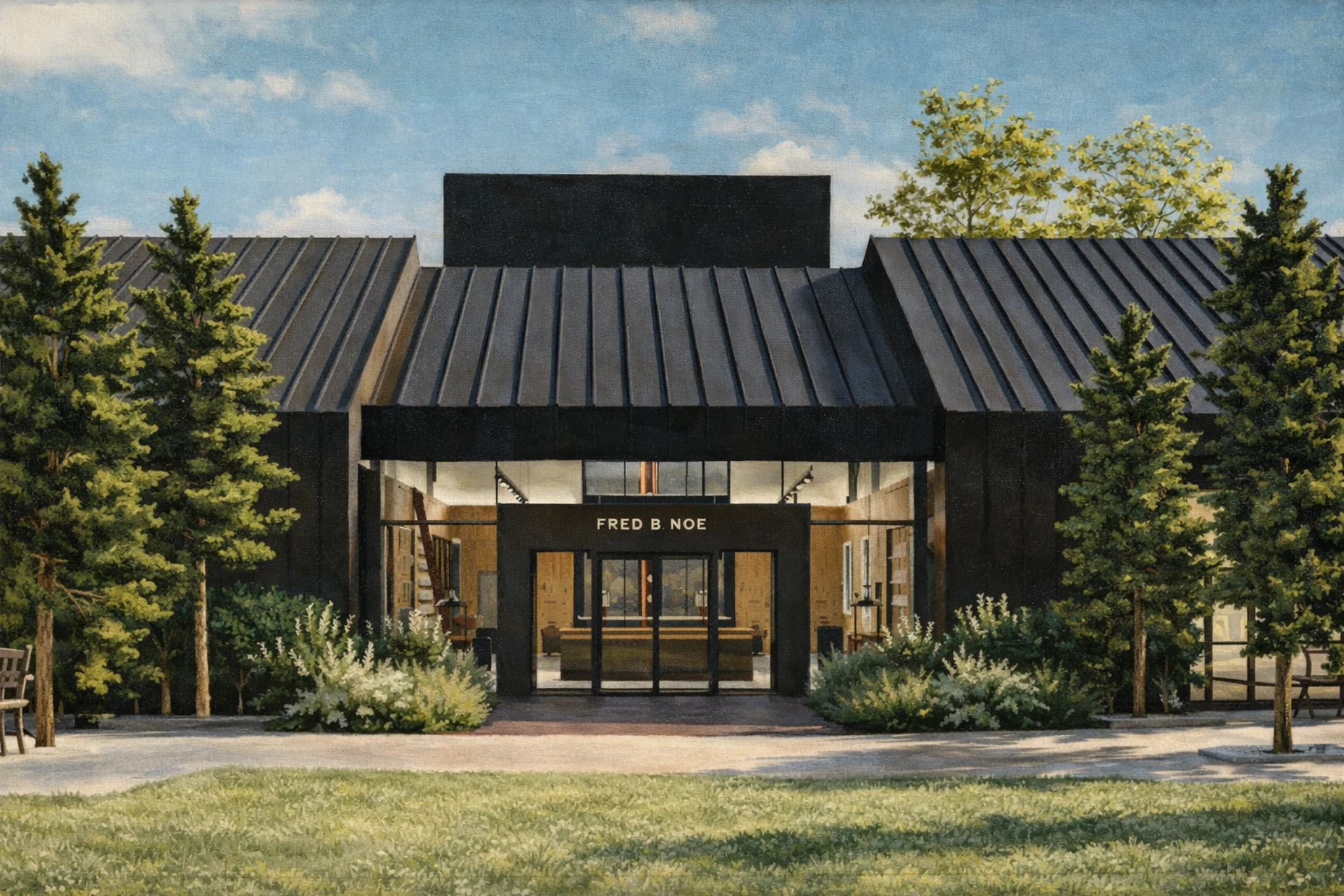 Exterior entrance of the Jim Beam Fred B. Noe Distillery visitor experience building.